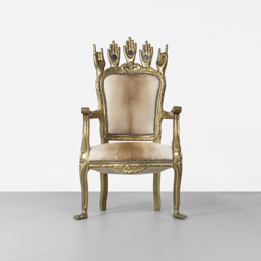 Pedro Friedeberg Armchair with hands: Pedro Friedeberg Armchair with hands Mexico, 1990 carved and gilt wood, hair-on-hide, compasses 24 w x 24 d x 45.5 h inches Sold with a copy of the original receipt. Signed to leg: [Pedro Friedeberg].