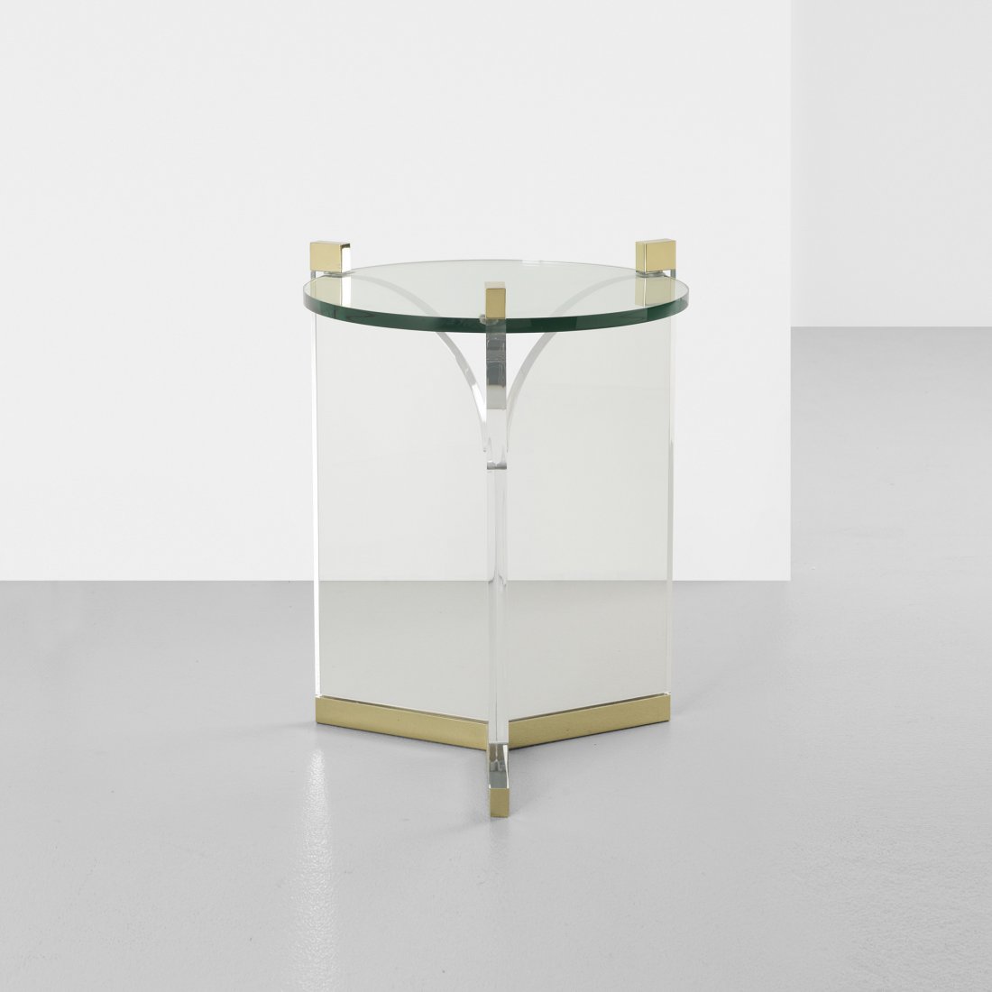 Charles Hollis Jones Fleur de Lis table: Charles Hollis Jones Fleur de Lis occasional table USA, c. 1975 acrylic, glass, brass 21 w x 21 d x 27 h inches