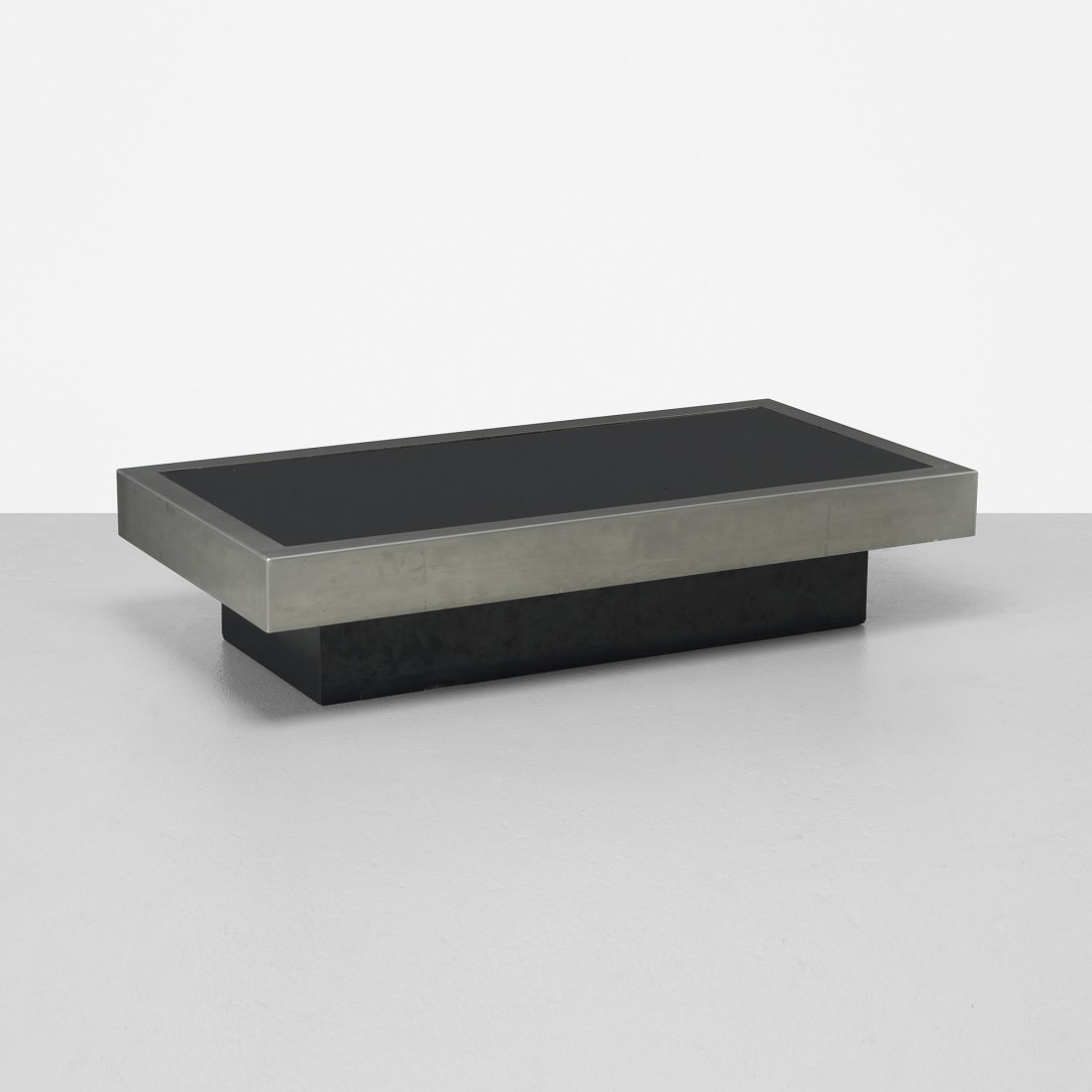 Willy Rizzo coffee table: Willy Rizzo coffee table France, c. 1970 matte chrome-plated steel, black glass, laminate over wood 49.5 w x 25 d x 10.75 h inches
