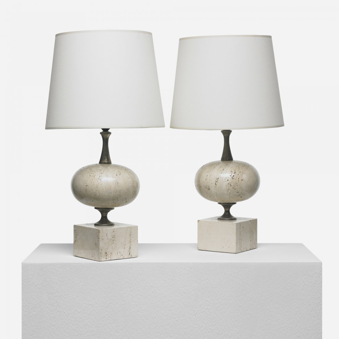 Philippe Barbier table lamps, pair: Philippe Barbier table lamps, pair France, c. 1965 travertine, aluminum, brass, linen, ceramic 8.5 dia x 18.75 h inches