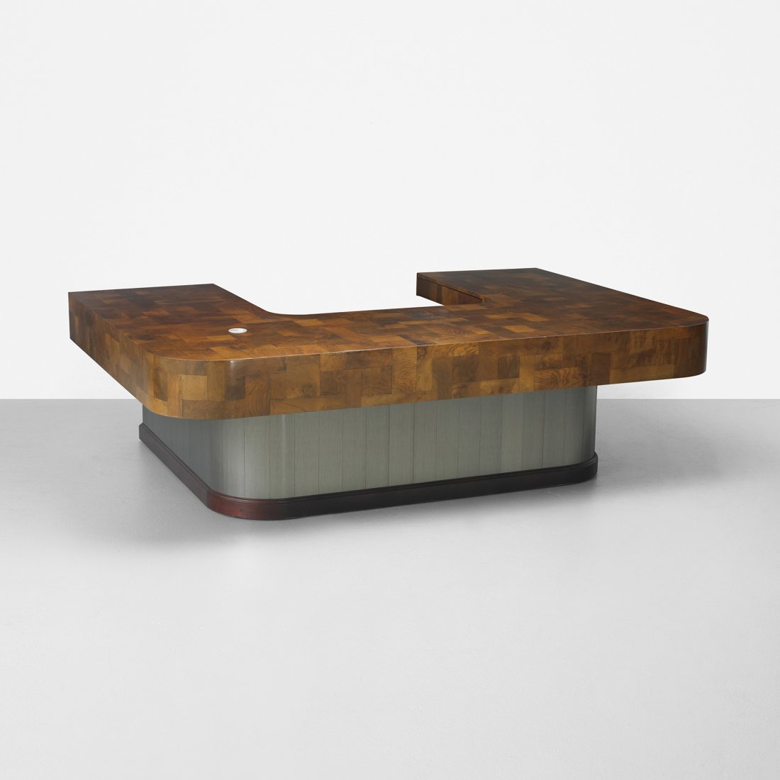 Paul Evans Cityscape executive desk: Paul Evans Cityscape executive desk Paul Evans Studio for Directional USA, c. 1970 walnut and maple burl, bronze-plated steel, aluminum 96.25 w x 66 d x 29 h inches Desk features three drawers. Incise
