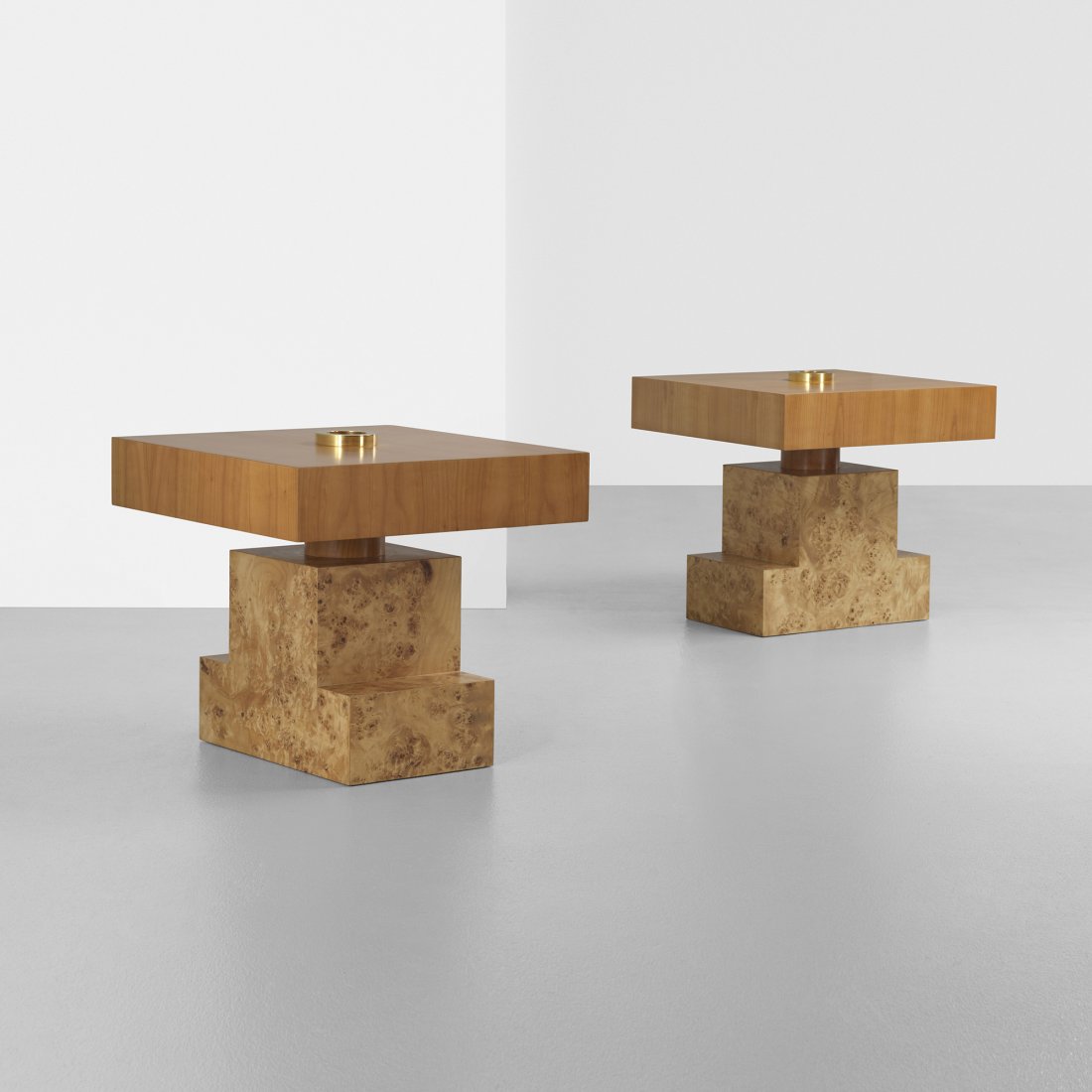 Ettore Sottsass C tables, pair: Ettore Sottsass C tables, pair Design Gallery Milano Italy, 1995 walnut burl, cherry, brass, chrome-plated steel 23.75 w x 23.75 d x 22.75 h inches These works are numbered two and three from the edit