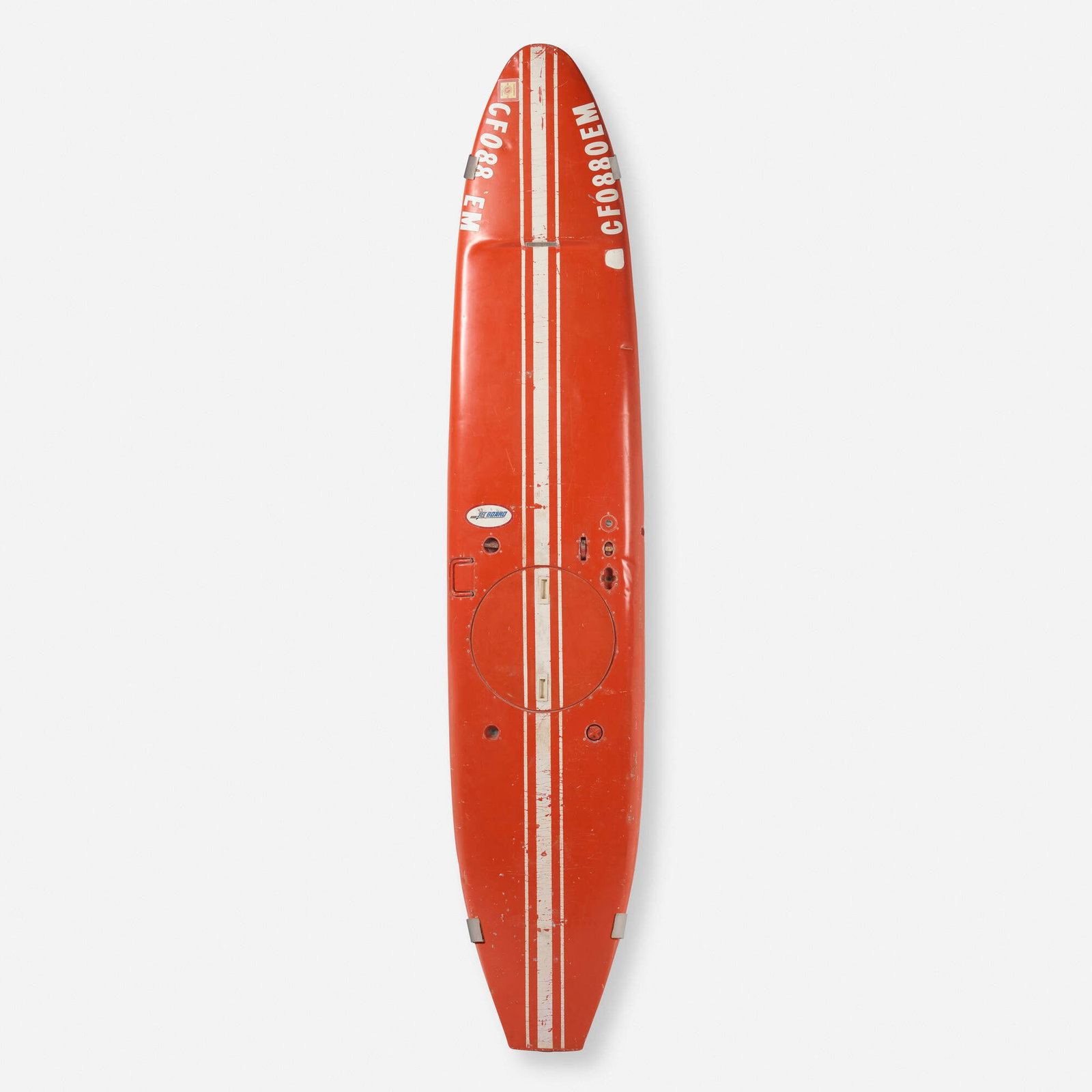 Sargent Fletcher Co., Jetboard motorized aluminum surfboard: Sargent Fletcher Co. Jetboard motorized aluminum surfboard USA, 1965-68 painted aluminum with steel wall mounting brackets 131 h x 25 w x 6.5 d in (333 x 63 x 17 cm) Decal manufacturer's label