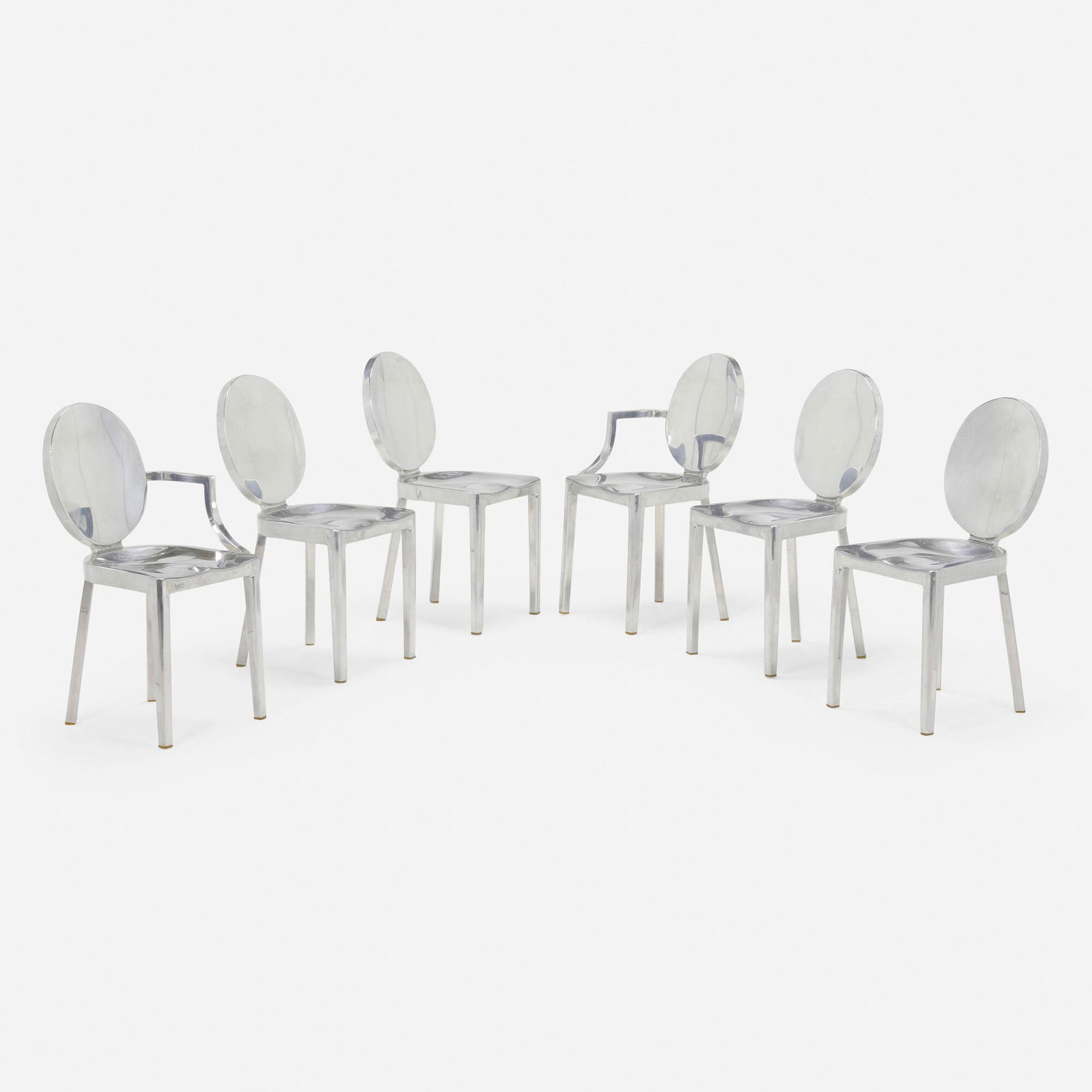 Philippe Starck, Kong chairs, set of six: Philippe Starck Kong chairs, set of six EmecoFrance / USA, 2003hand polished aluminum 34 h x 16 w x 17 d in (86 x 41 x 43 cm) 34 h x 18.5 w x 17 d in (86 x 47 x 43 cm) Set is comprise