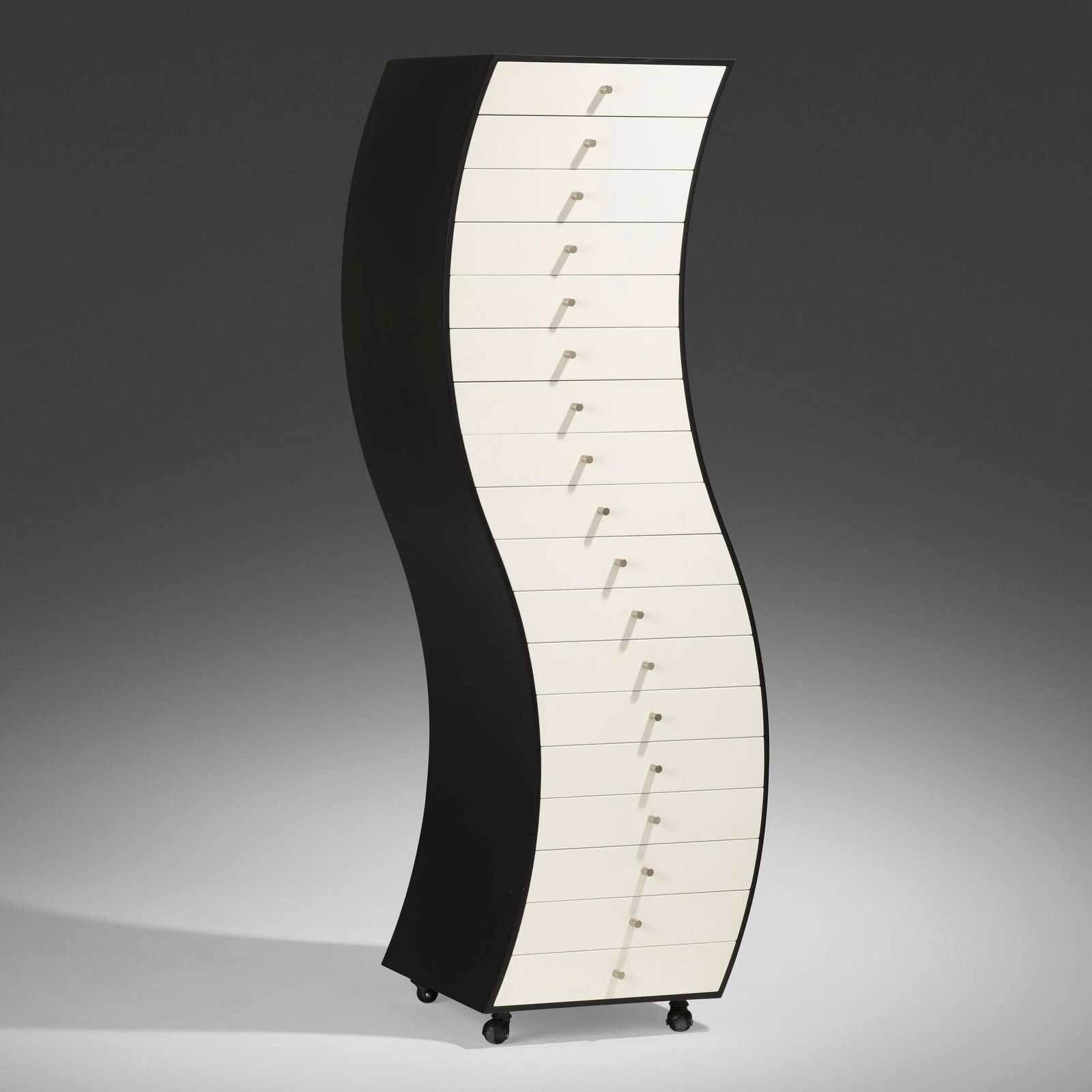 Shiro Kuramata, Furniture in Irregular Forms, Side 1: Shiro Kuramata Furniture in Irregular Forms, Side 1 CappelliniJapan / Italy, 1970 / 1992lacquered oak, lacquered wood, aluminum, chrome-plated steel, casters 67.25 h x 24 w x 20.5 d in (171 x 6