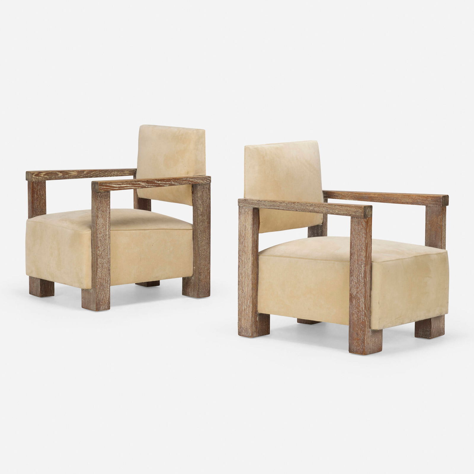 Pierre Legrain, attribution, Armchairs, pair: Pierre Legrain, attribution Armchairs, pair France, c. 1930cerused oak, suede upholstery 31.5 h x 25 w x 27 d in (80 x 63 x 69 cm) Provenance: Private Collection <