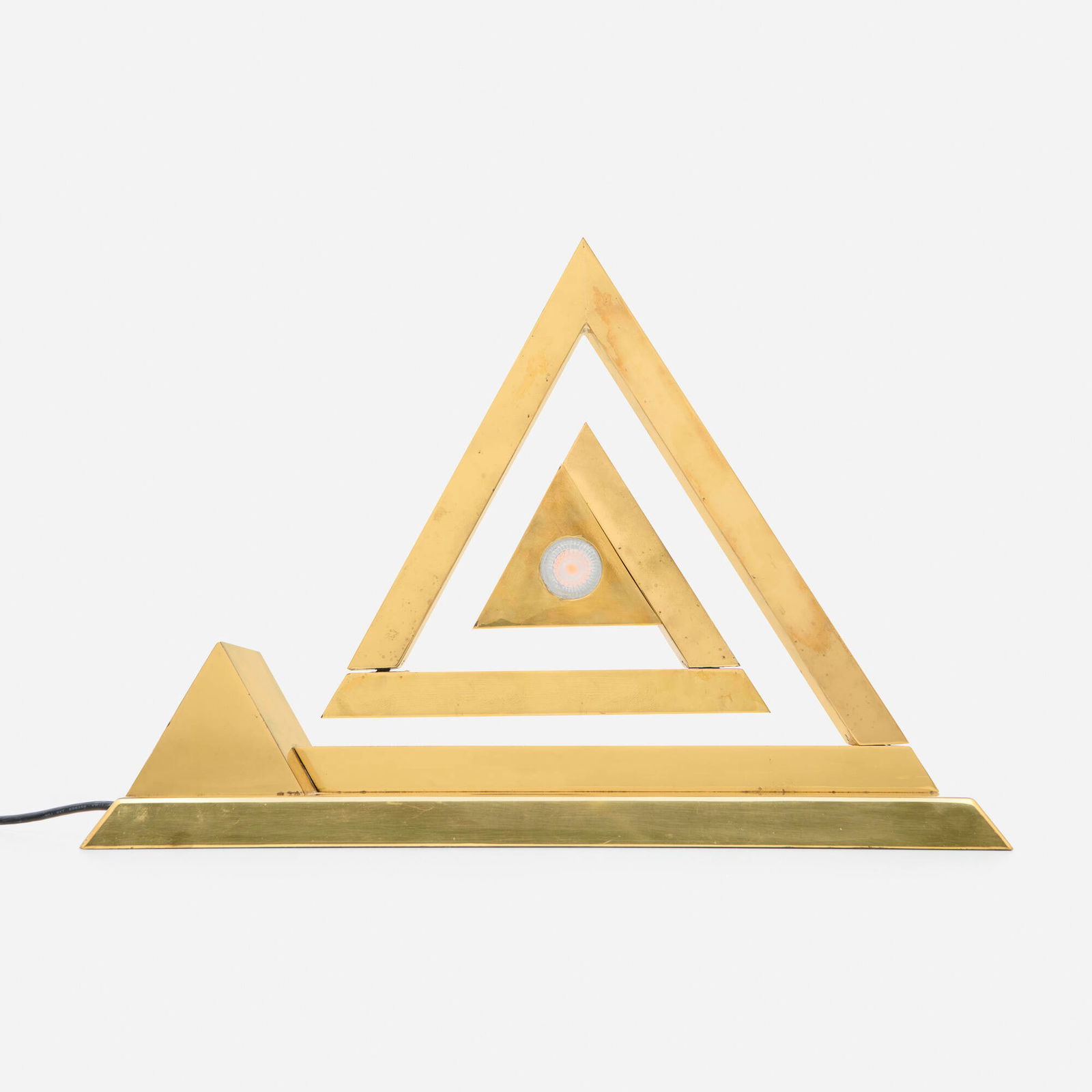 Yonel Lebovici, Pyramide Pantographe table lamp: Yonel Lebovici Pyramide Pantographe table lamp France, 1978brass, glass 16.25 h x 21.5 w x 7.5 d in (41 x 55 x 19 cm) Arm articulates along with the light source pivoting for dynamic configura