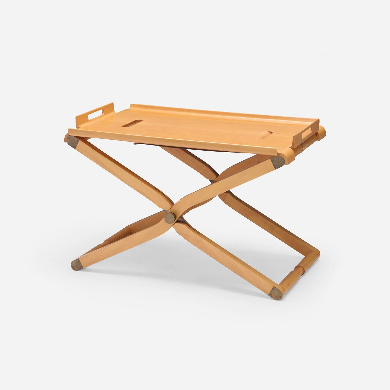 Rena Dumas and Peter Coles, Pippa occasional table: Rena Dumas and Peter Coles Pippa occasional table HermesFrance c. 1985pearwood, leather, brass 19.5 h x 29.5 w x 17.75 d in (50 x 75 x 45 cm) Table features removable tray and is collaps