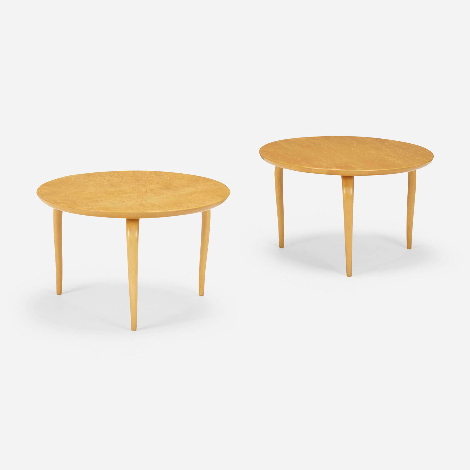 Bruno Mathsson, Annika tables, pair: Bruno Mathsson Annika tables, pair Firma Karl MathssonSweden, 1936 / 1978bird's-eye maple, laminated beech 11.5 h x 17.75 dia in (29 x 45 cm) Branded manufacturer's mark to underside of