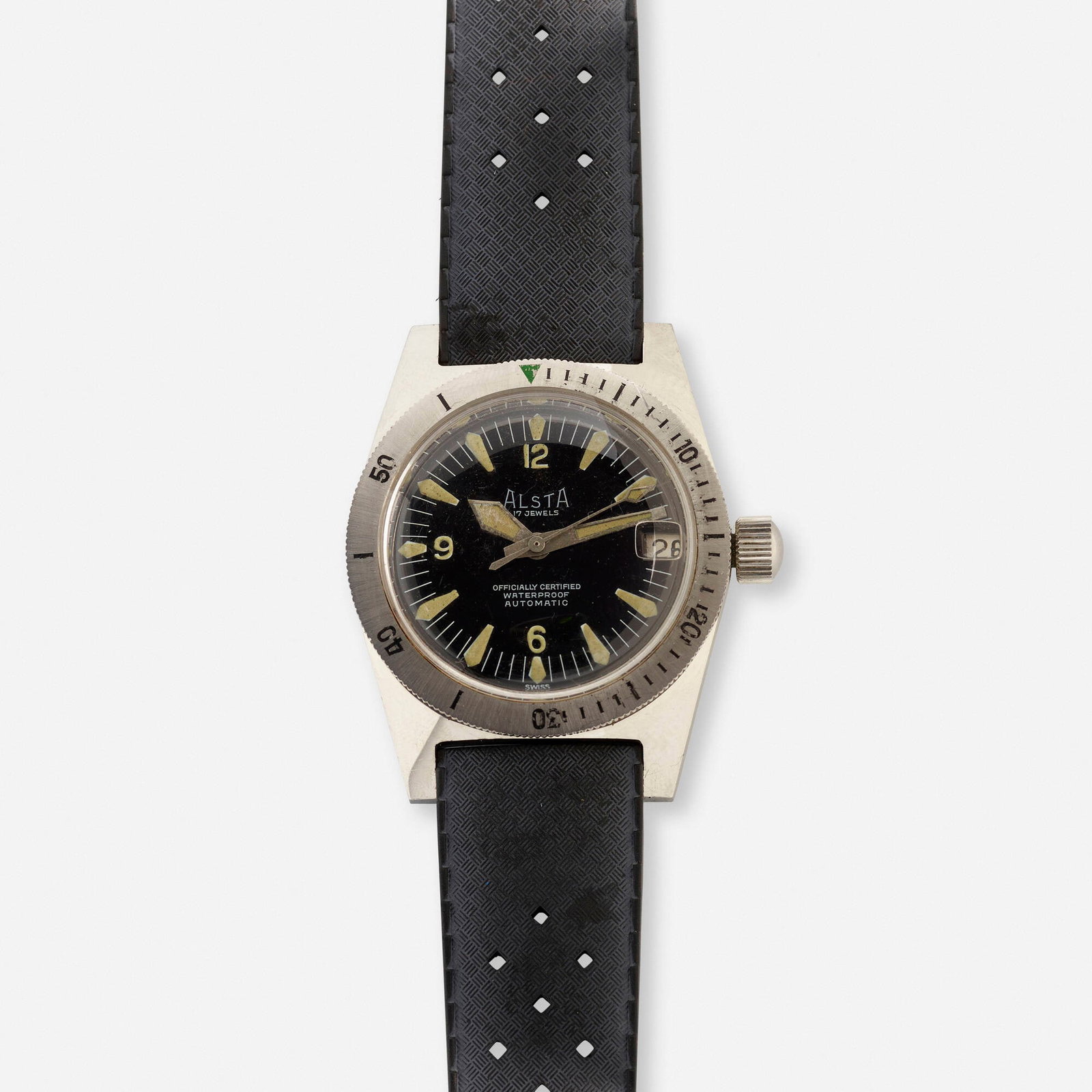Alsta, 'Nautoscaph' stainless steel wristwatch: Alsta 'Nautoscaph' stainless steel wristwatch With Arabic numeral and sword hours and date function Date: c. 1970 Dial: Black Movement: Automatic Case material: Stainless ste