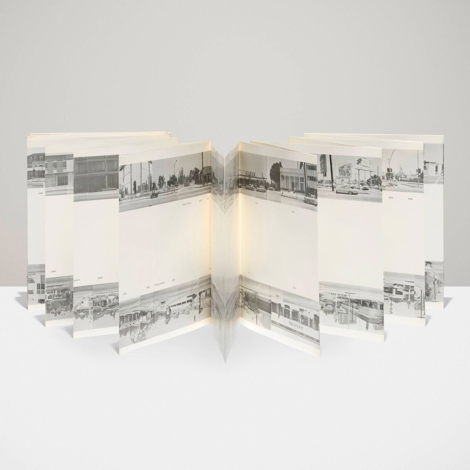 Ed Ruscha, Every Building on the Sunset Strip: Ed Ruscha Every Building on the Sunset Strip 1966black offset printing on white paper, folded and glued 7.25 h x 5.75 w x .5 d in (18 x 15 x 1 cm) This work is from the first edition of 1000 p