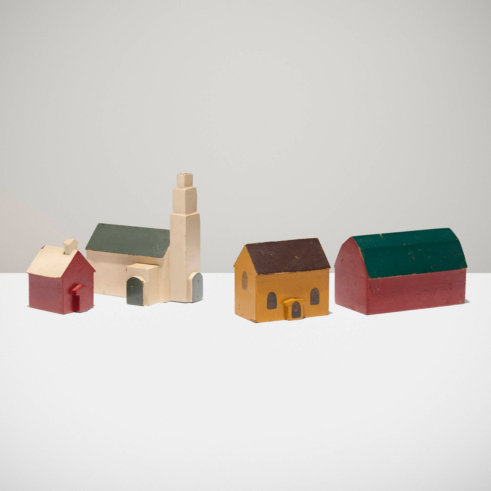 Edmund Wichman, WPA toy village: Edmund Wichman WPA toy village USA, c. 1935 painted wood largest: 5 h x 3.5 w x 5 d in (13 x 9 x 13 cm) smallest: 2.75 h x 2 w x 2 d in (7 x 5 x 5 cm) Lot is comprised of one house, one chur