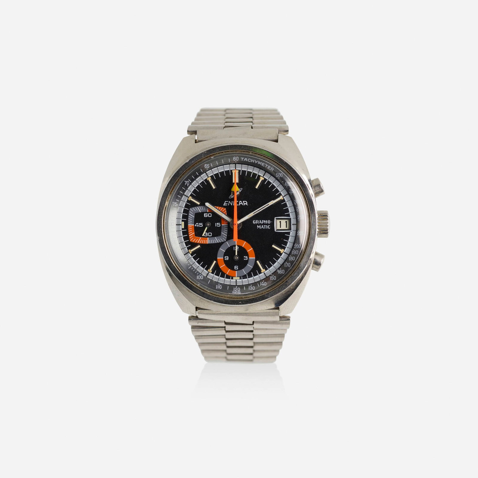 Enicar, 'Graphomatic' stainless steel wristwatch, Ref. 134.01.01: Enicar 'Graphomatic' stainless steel wristwatch, Ref. 134.01.01 With baton hours, GMT, chronographt and date functions Date: 1974 Serial no.: 2342 Dial: Black dial w/ applied markers,