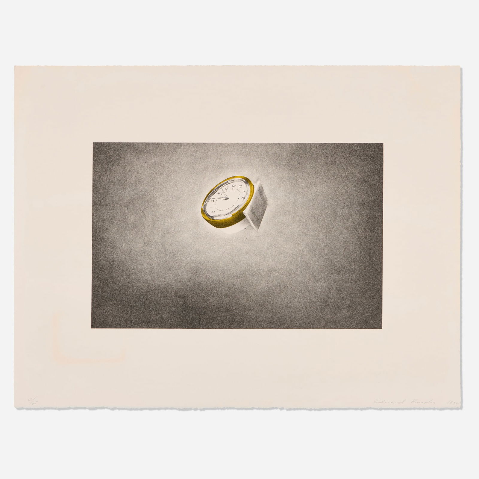 Ed Ruscha, Clock (from the Domestic Tranquility series): Ed Ruscha Clock (from the Domestic Tranquility series) 1974lithograph in colors image: 10.875 h x 17 w in (28 x 43 cm) sheet: 20.125 h x 26 w in (51 x 66 cm) Signed, dated and numbered to l