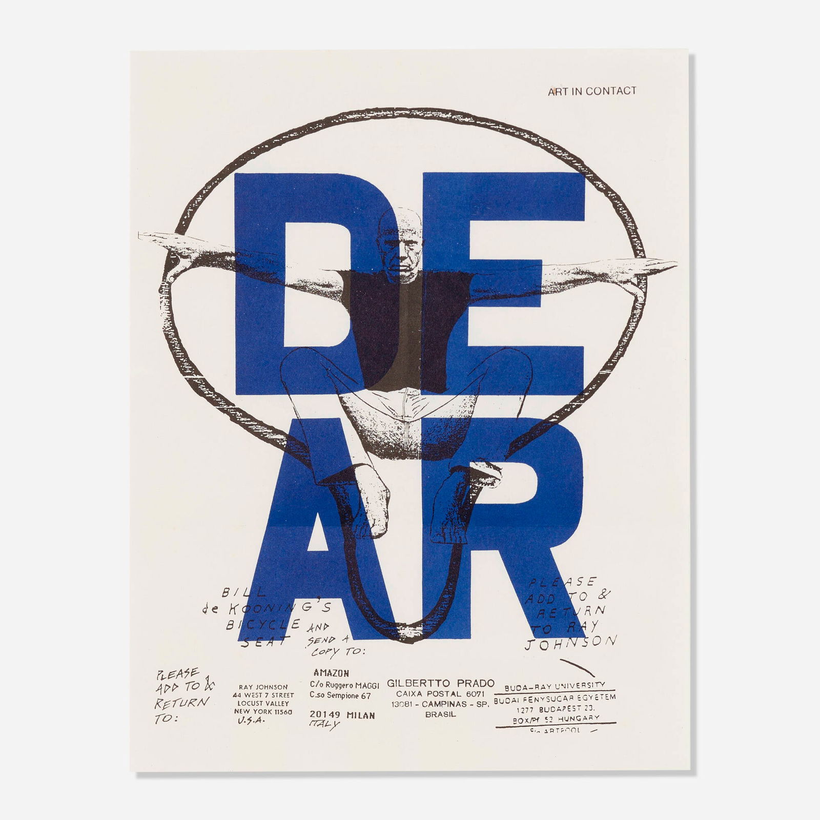 Ray Johnson, Untitled (Art in Contact): Ray Johnson Untitled (Art in Contact) c. 1983Xerox on paper 10.875 h x 8.375 w in (28 x 21 cm) This work will ship from Lambertville, New Jersey.