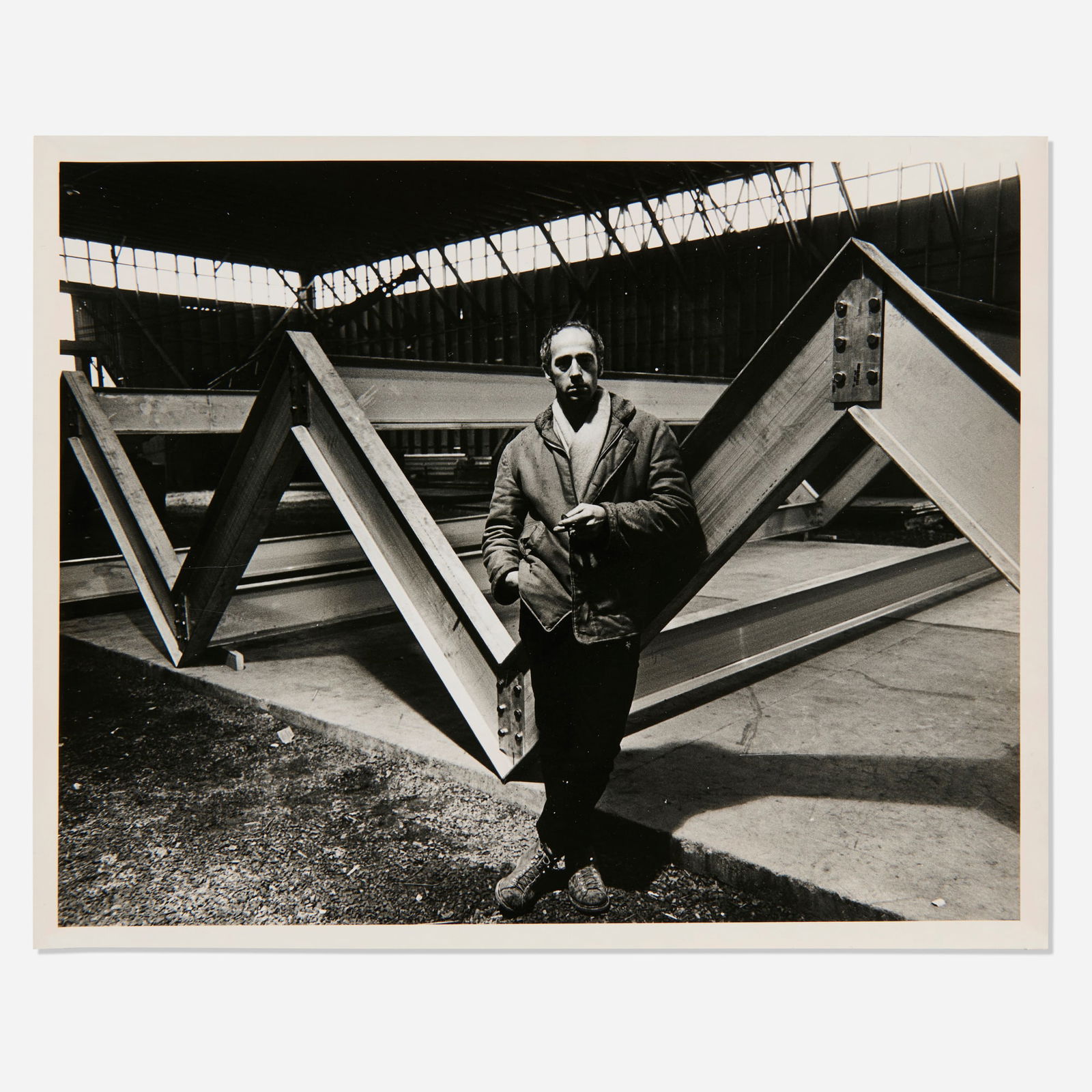 Robert Morris with L-Beam photograph: Robert Morris with L-Beam photograph gelatin silver print image: 7.5 h x 9.5 w in (19 x 24 cm) sheet: 8 h x 10 w in (20 x 25 cm) Signed and inscribed by Robert Morris to verso 'Jack, Here's me with pa
