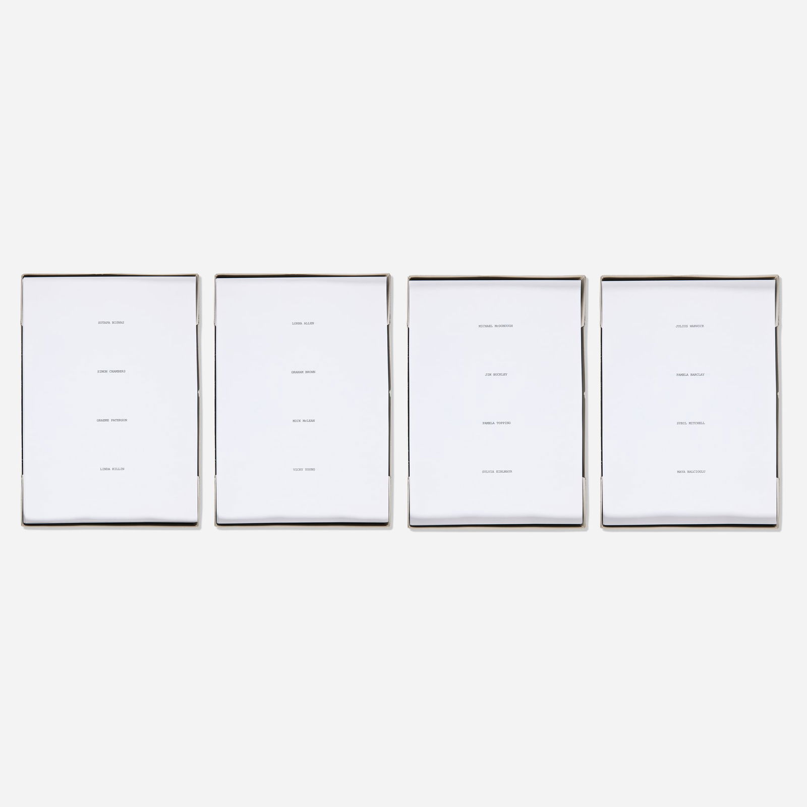 Douglas Gordon, List of Names: Douglas Gordon List of Names 1992printed paper 11.625 h x 8.25 w x 2.5 d in (30 x 21 x 6 cm) Signed, dated and numbered to top page 'Douglas Gordon '92 39/100'. This work is number 39 from the