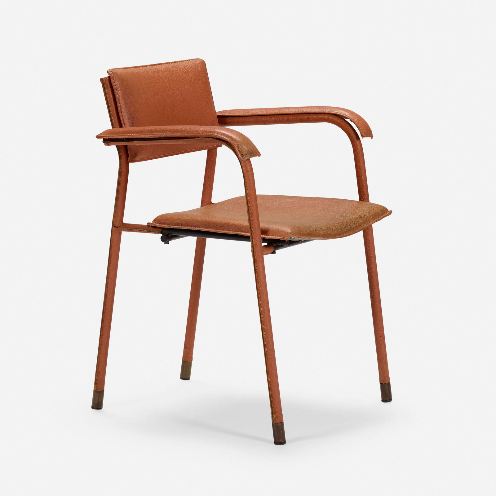 Jacques Adnet, attribution, Armchair: Jacques Adnet, attribution Armchair France, c. 1950leatherette, steel, brass 30.25 h x 23.5 w x 21.5 d in (77 x 60 x 55 cm) This work will ship from Los Angeles, California.