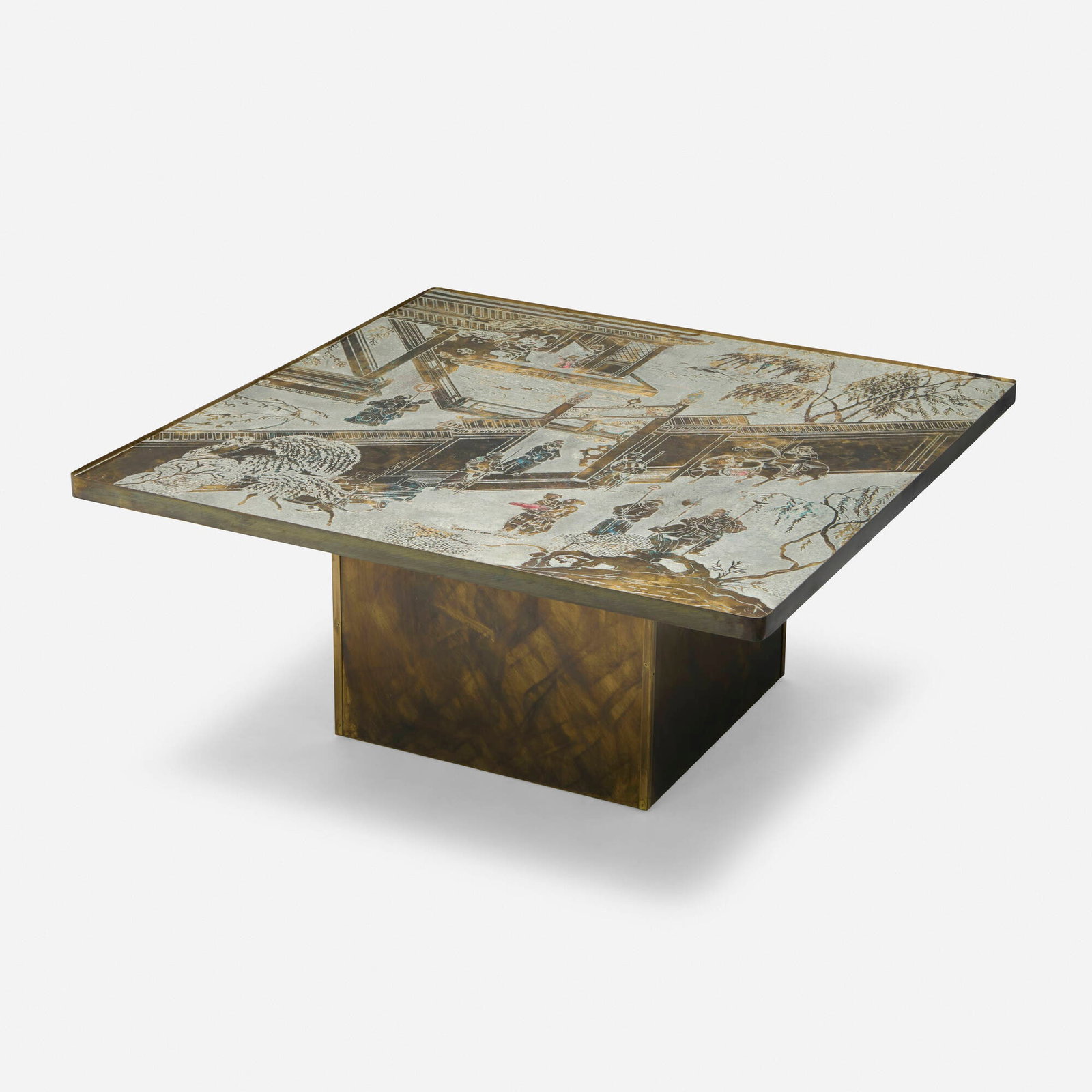 Philip and Kelvin LaVerne, Chan coffee table: Philip and Kelvin LaVerne Chan coffee table USA, c. 1965 acid-etched brass and pewter over wood, patinated brass 17.5 h x 40 w x 40 d in (44 x 102 x 102 cm) Raised signature to top 'Philip and