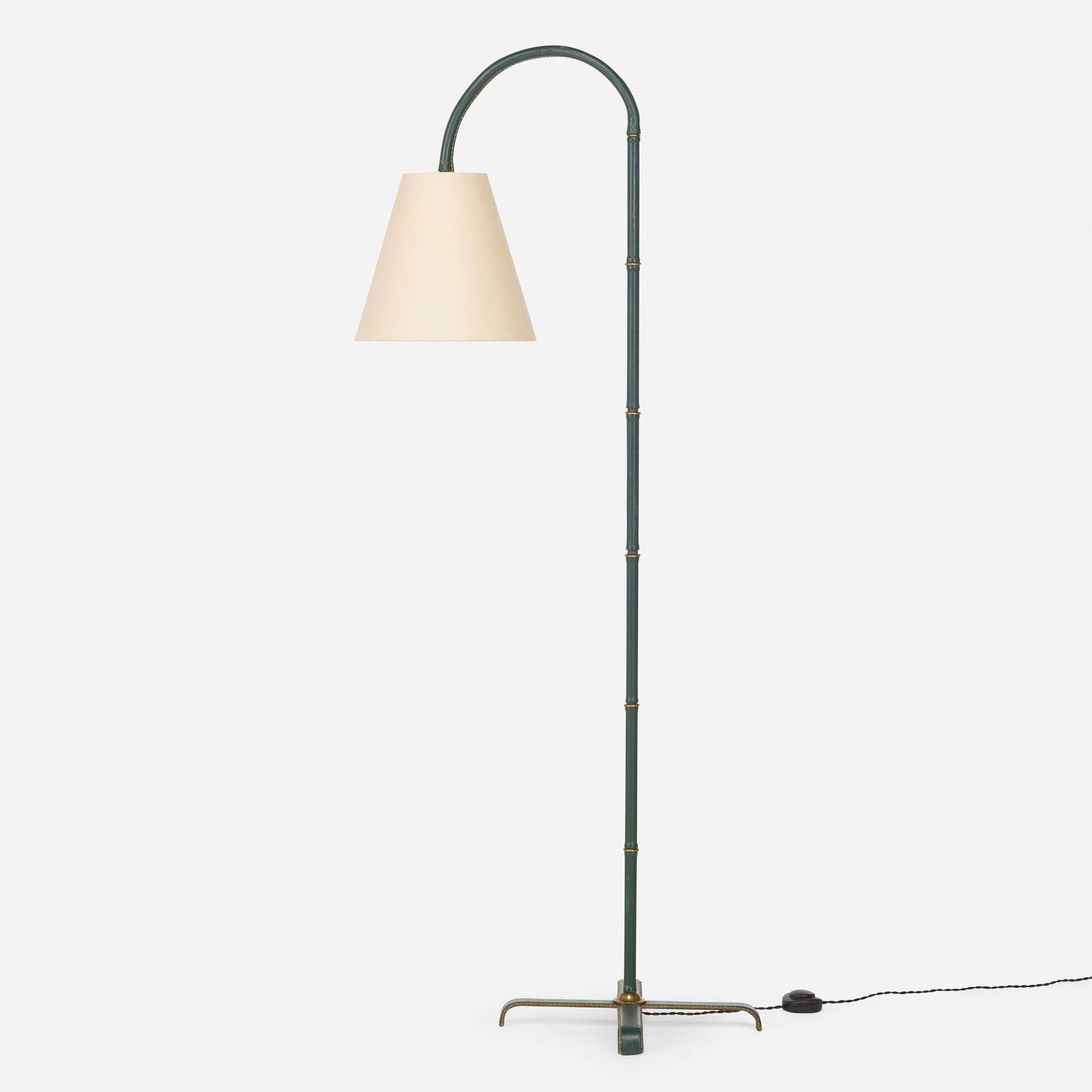 Jacques Adnet, attribution, Floor lamp: Jacques Adnet, attribution Floor lamp France, c. 1950saddle-stitched leather, brass 59.5 h x 16.25 w x 29 d in (151 x 41 x 74 cm) This work will ship from Lambertville, New Jersey