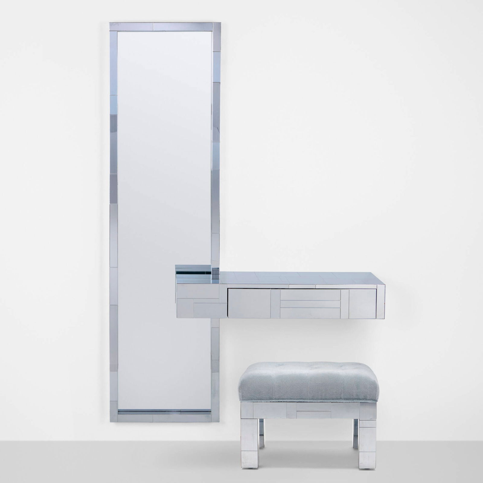 Paul Evans, Cityscape vanity set from the PE 200 series: Paul Evans Cityscape vanity set from the PE 200 series Paul Evans Studio for DirectionalUSA, C. 1975chrome-plated steel, glass mirror 72 h x 48 w x 12 d in (183 x 122 x 30 cm) 17.75 h x 24 w