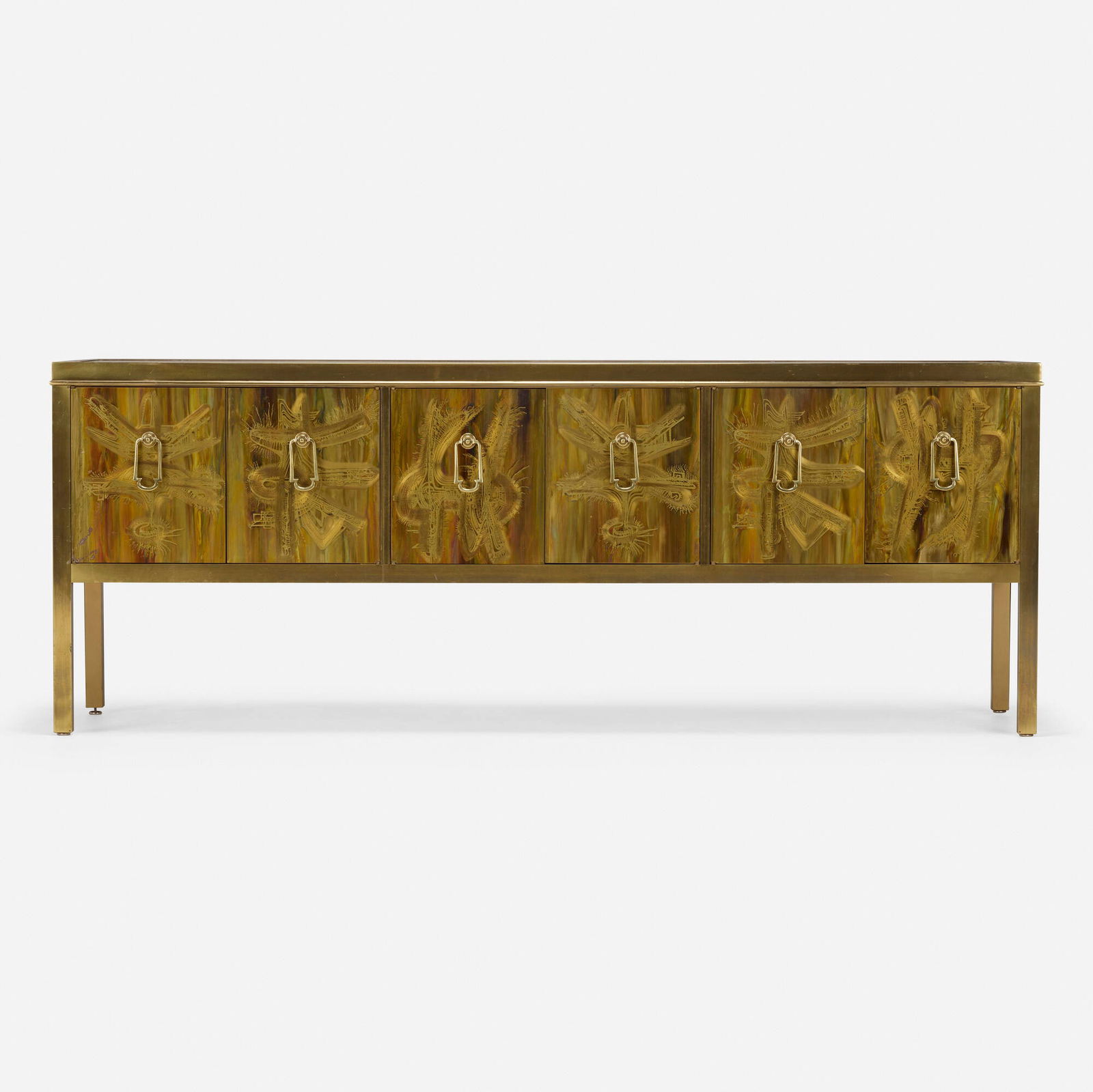 Bernhard Rohne, Cabinet: Bernhard Rohne Cabinet MastercraftUSA, c. 1980acid-etched, patinated, and enameled bronze, gilt wood 30 h x 78 w x 22 d in (76 x 198 x 56 cm) Cabinet features six doors concealing three