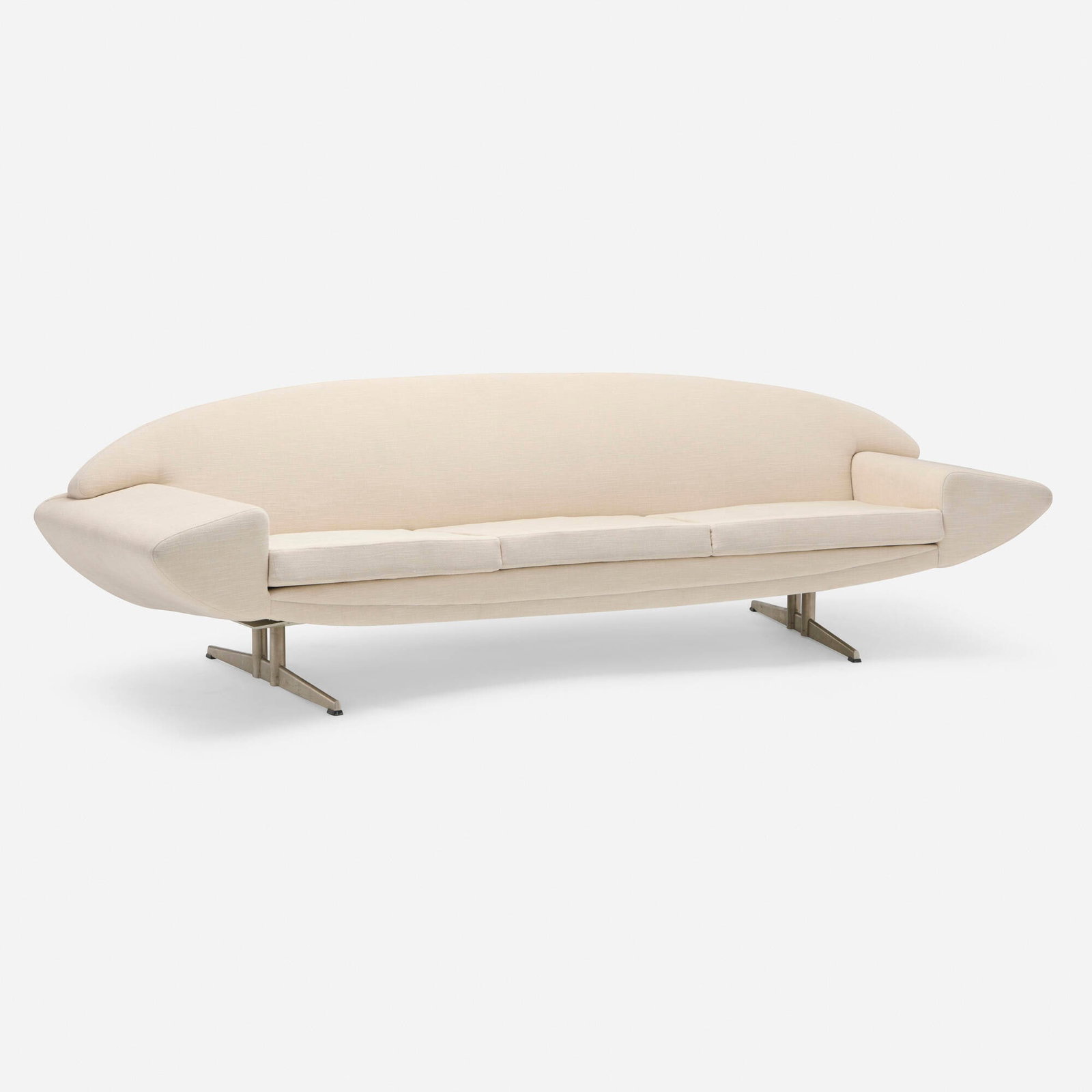 Johannes Andersen, Capri sofa: Johannes Andersen Capri sofa Trensum Denmark / Sweden, 1958 upholstery, chrome-plated metal, plastic 28.5 h x 100 w x 31 d in (72 x 254 x 79 cm) This work will ship from Chica
