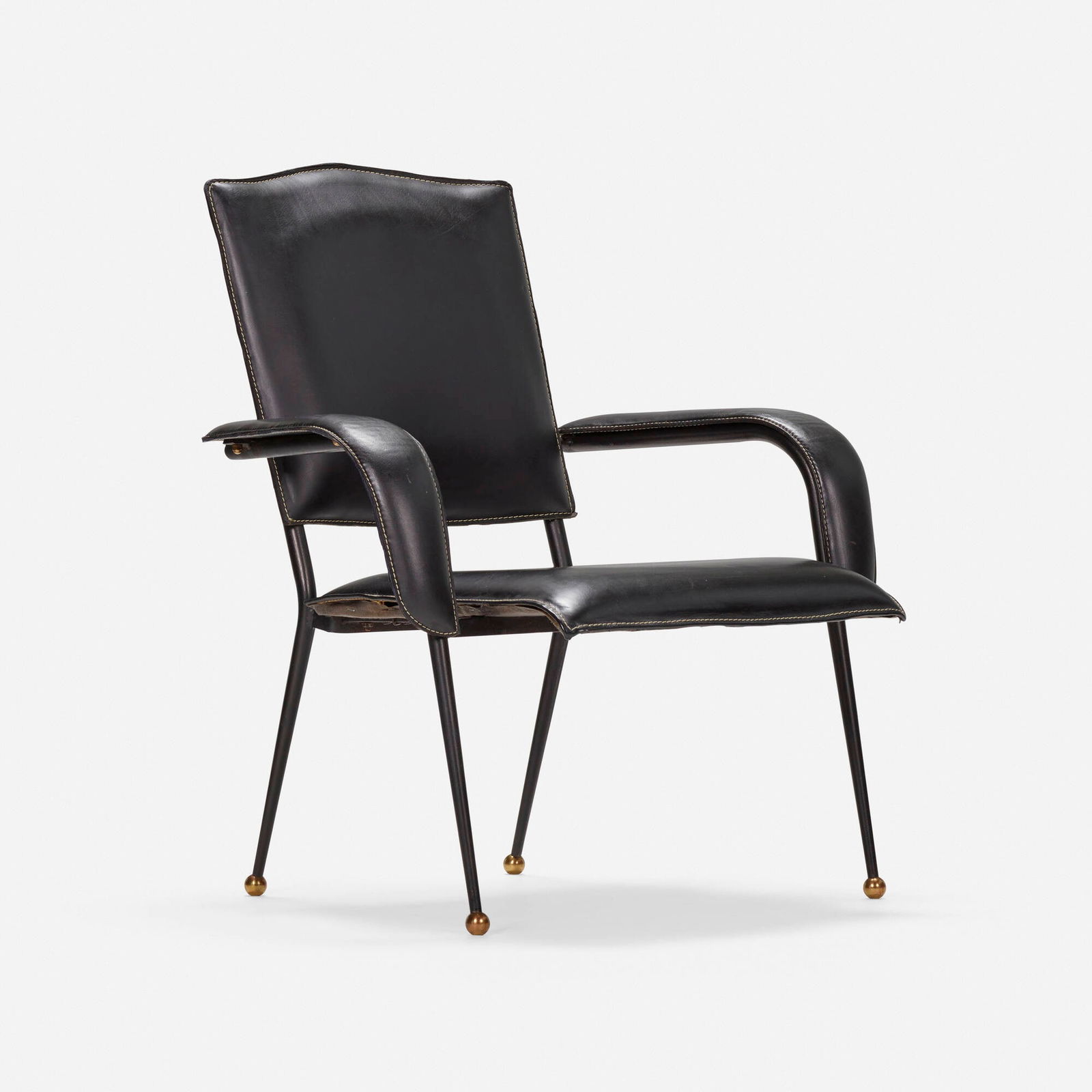 In the manner of Jacques Adnet, Lounge chair: In the manner of Jacques Adnet Lounge chair c. 1955leatherette, enameled steel, brass 31.25 h x 27.5 w x 25.5 d in (79 x 70 x 65 cm) This work will ship from Los Angeles, Californ