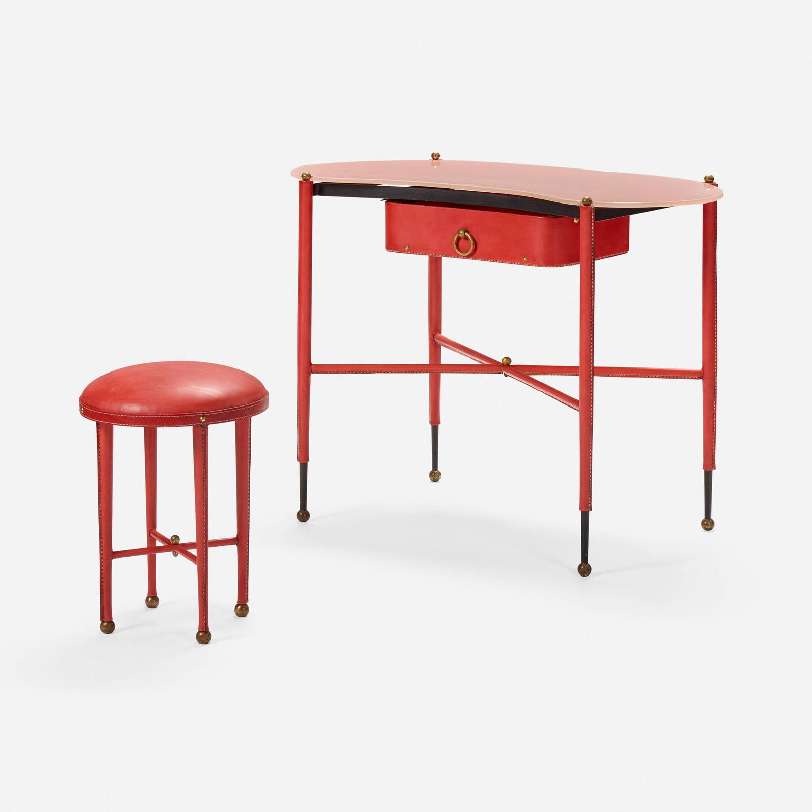 In the manner of Jacques Adnet, Vanity and stool: In the manner of Jacques Adnet Vanity and stool c. 1955saddle-stitched leather over steel, enameled steel, brass, glass vanity: 27.375 h x 35 w x 19 d in (70 x 89 x 48 cm) stool: 17 h x 12 dia in