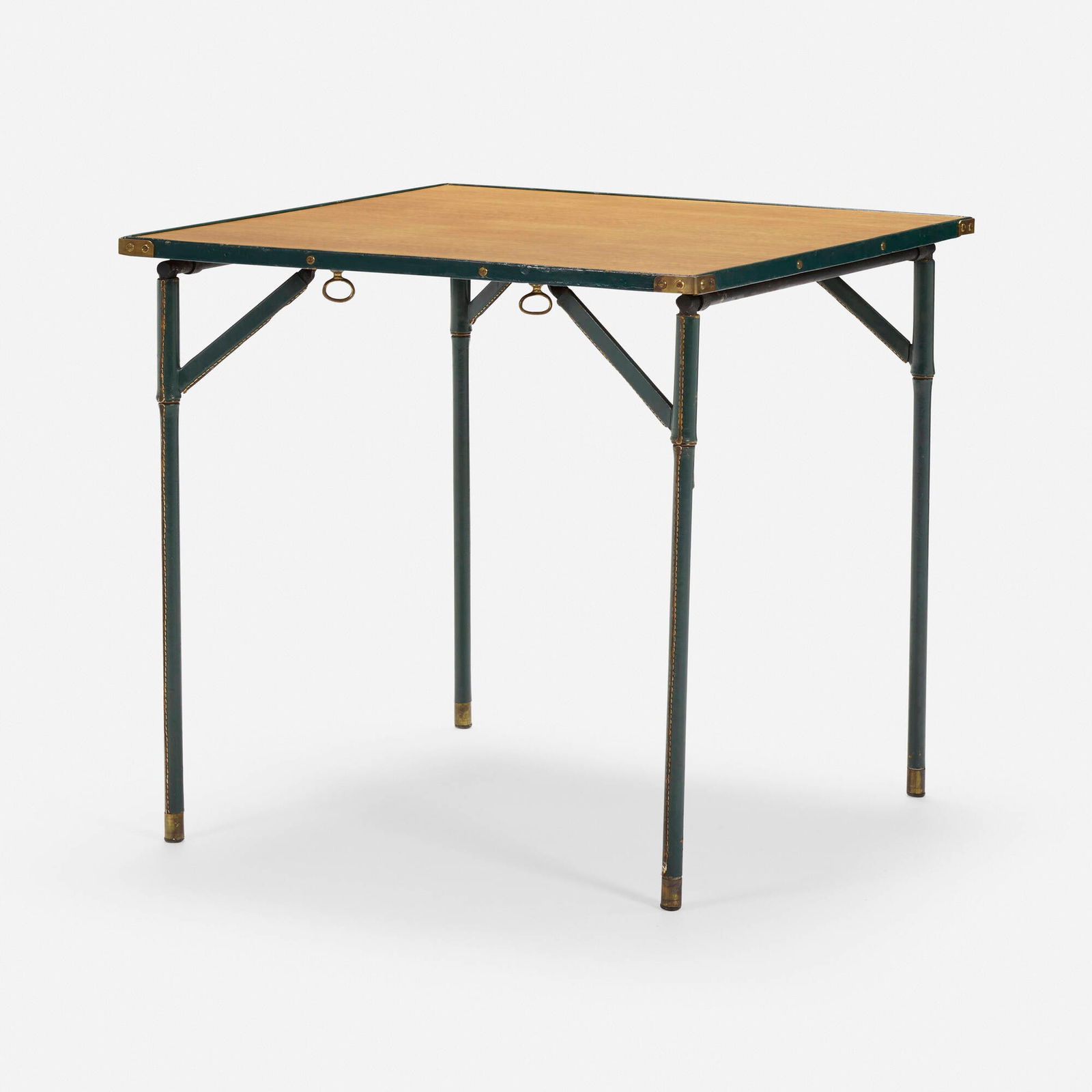 Jacques Adnet, attribution, Game table: Jacques Adnet, attribution Game table France, c. 1950saddle-stitched leather over steel, brass, ash 29 h x 30.25 w x 30.25 d in (74 x 77 x 77 cm) This work will ship from Los Ange