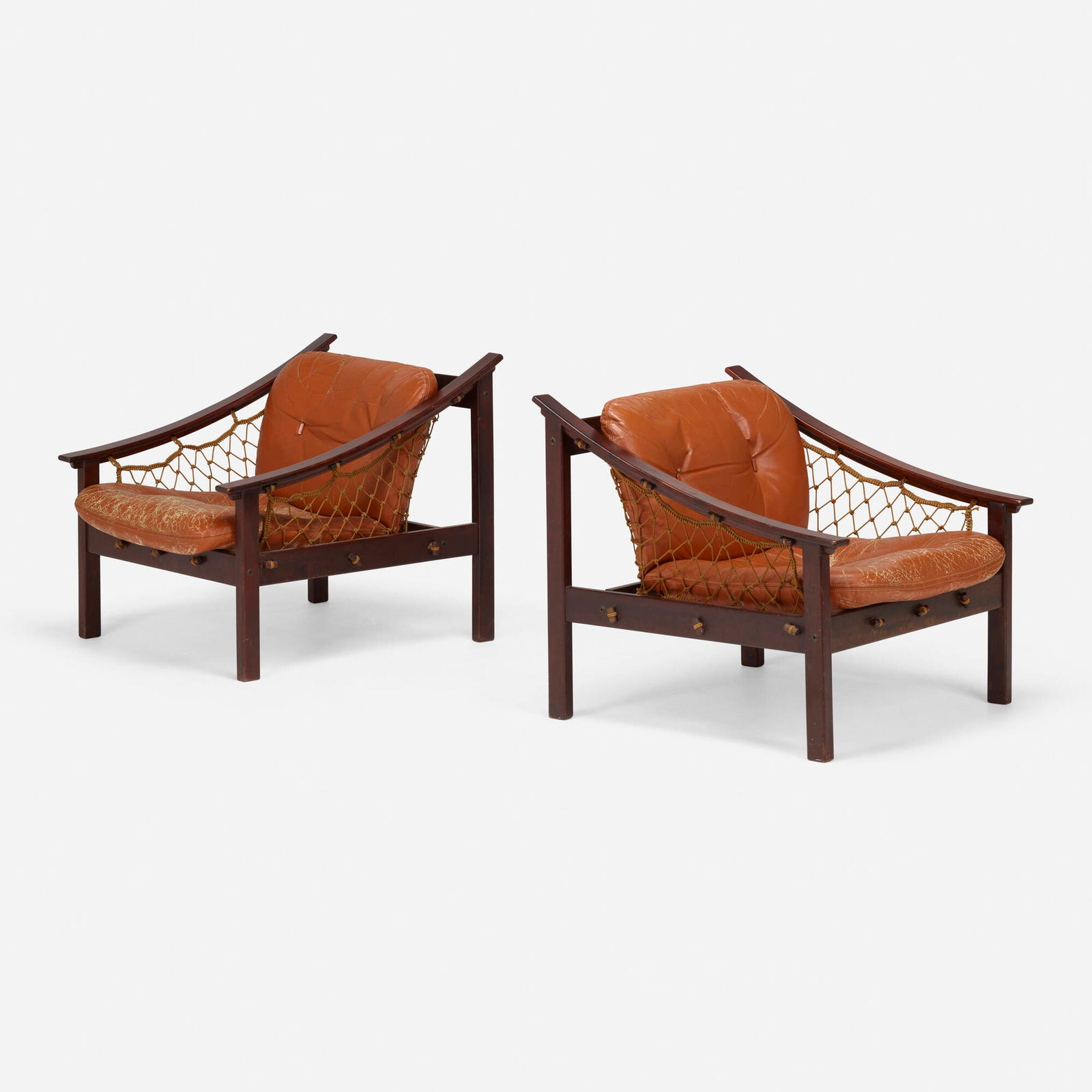 Jean Gillon, Lounge chairs, pair: Jean Gillon Lounge chairs, pair Italma Wood ArtBrazil, c. 1965teak, leather, cording 28 h x 30 w x 30 d in (71 x 76 x 76 cm) This work will ship from Lambertville, New Jerse