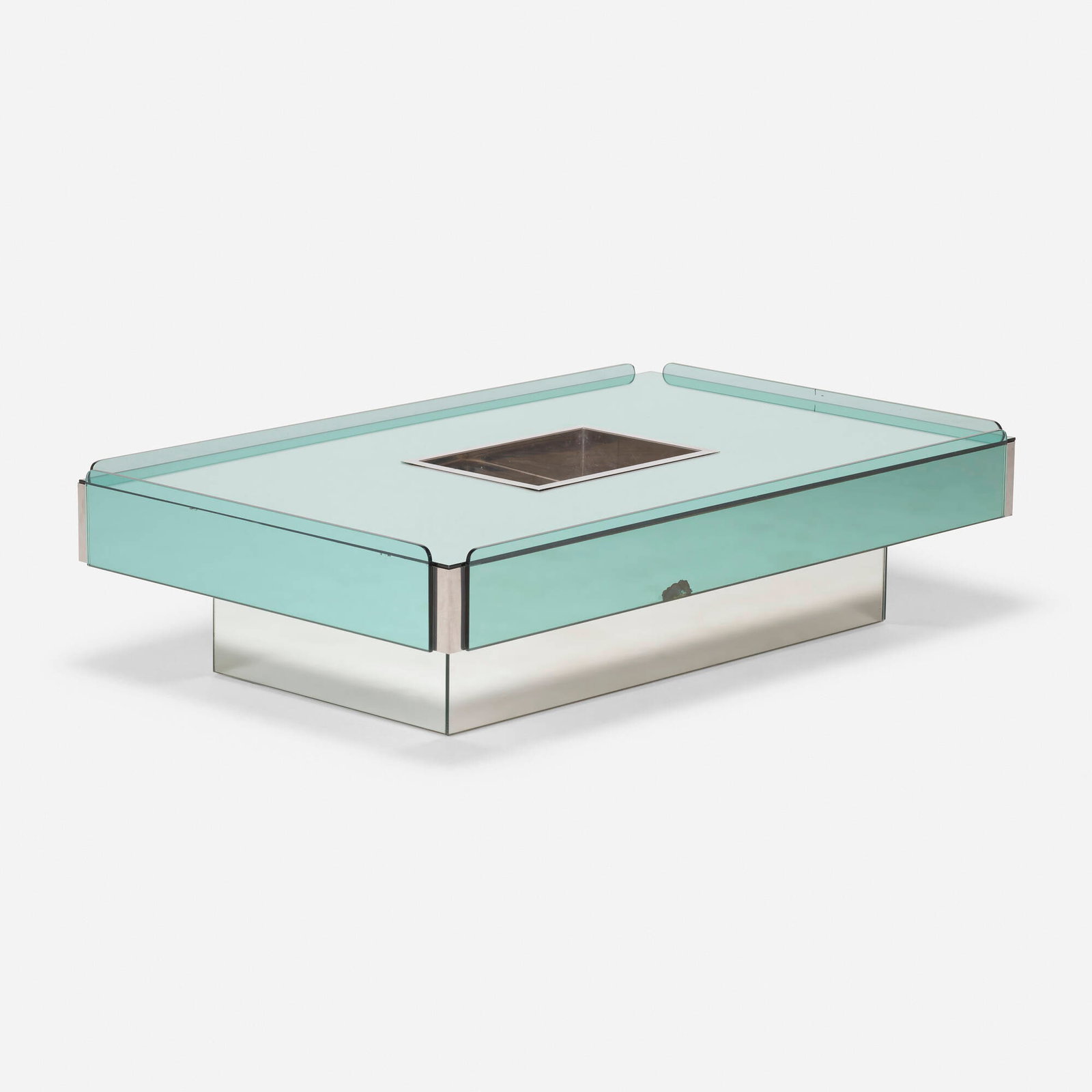 Fontana Arte, Coffee table: Fontana Arte Coffee table Italy, c. 1975 glass, mirrored glass, chrome-plated steel 13 h x 52 w x 32.25 d in (33 x 132 x 82 cm) Table features central planter. This work wil
