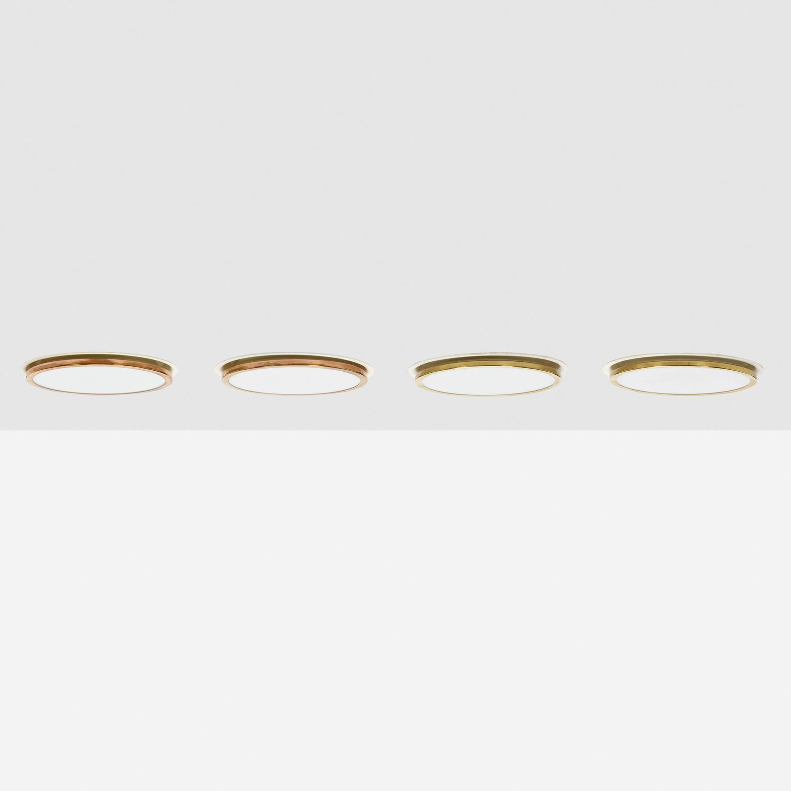 Arne Jacobsen, Munkegard ceiling lamps, set of four: Arne Jacobsen Munkegard ceiling lamps, set of four Louis Poulsen Denmark, 1955 / c. 1990 white glass, brass, enameled aluminum 4.75 h x 9.75 dia in (12 x 25 cm) Literature: