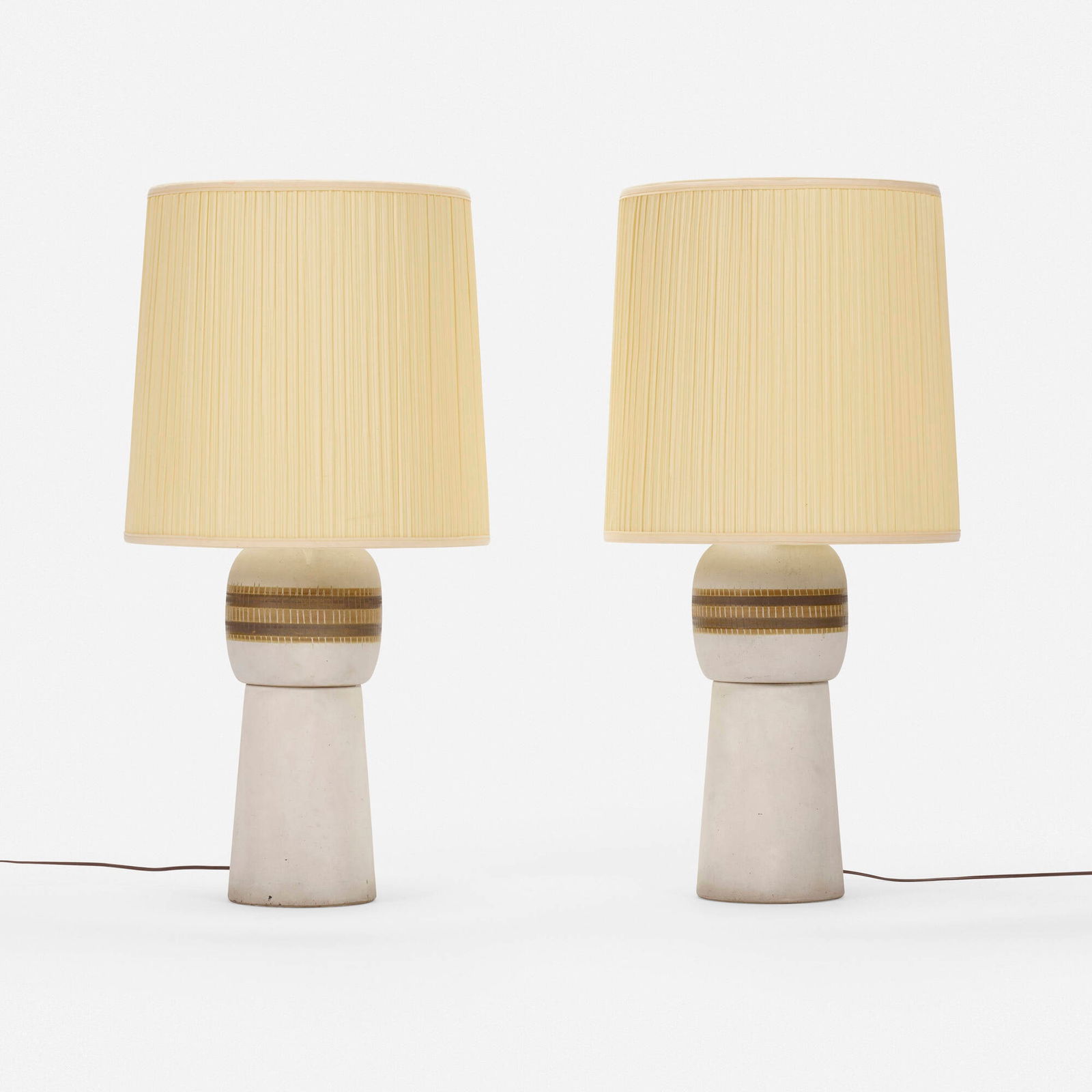 Gordon and Jane Martz, Table lamps model M102-51-1, pair: Gordon and Jane Martz Table lamps model M102-51-1, pair Marshall StudiosUSA, c. 1955glazed earthenware, walnut 32.25 h x 7.5 dia in (82 x 19 cm) Impressed signature to base of each examp