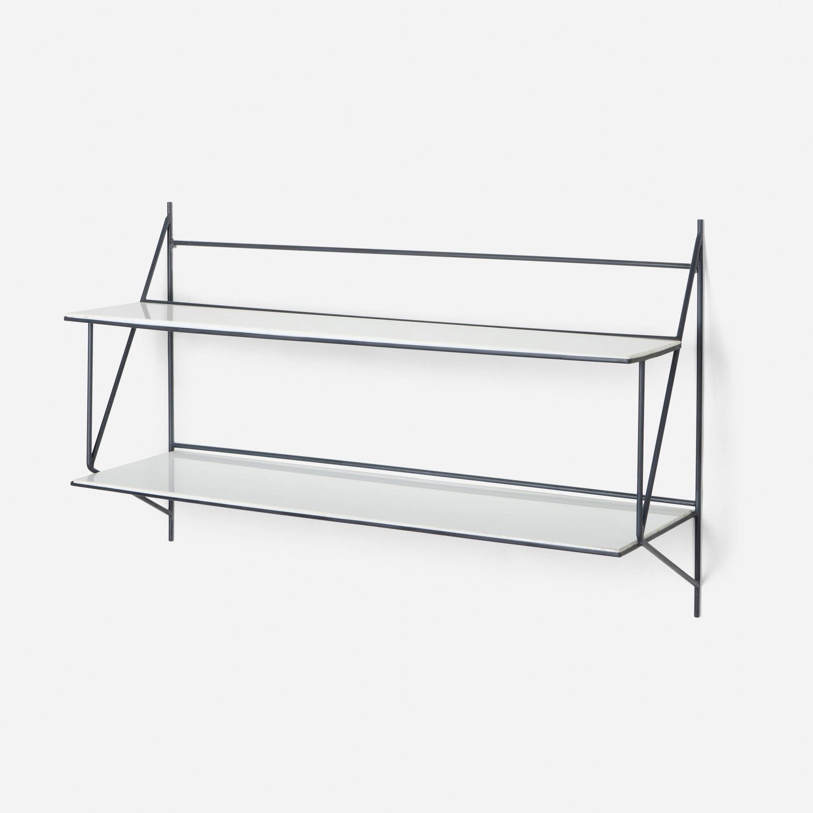 Paul McCobb, Wall-mounted shelf: Paul McCobb Wall-mounted shelf Bryce Originals USA, c. 1950 enameled steel, Carrara glass, Luminex 22.25 h x 36 w x 10.5 d in (57 x 91 x 27 cm) This work will ship from Chicag