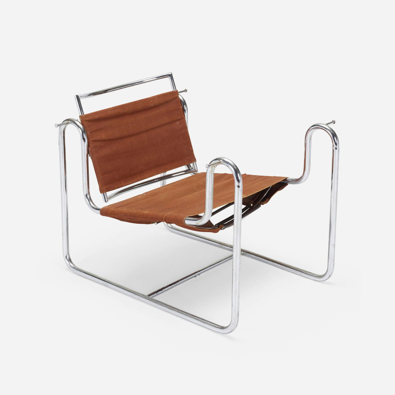 Modern, Lounge Chair: Modern Lounge Chair c. 1935 chrome-plated steel, Eisengarn canvas 27.75 h x 27.5 w x 36.5 d in (70 x 70 x 93 cm) This work will ship from Chicago, Illinois.