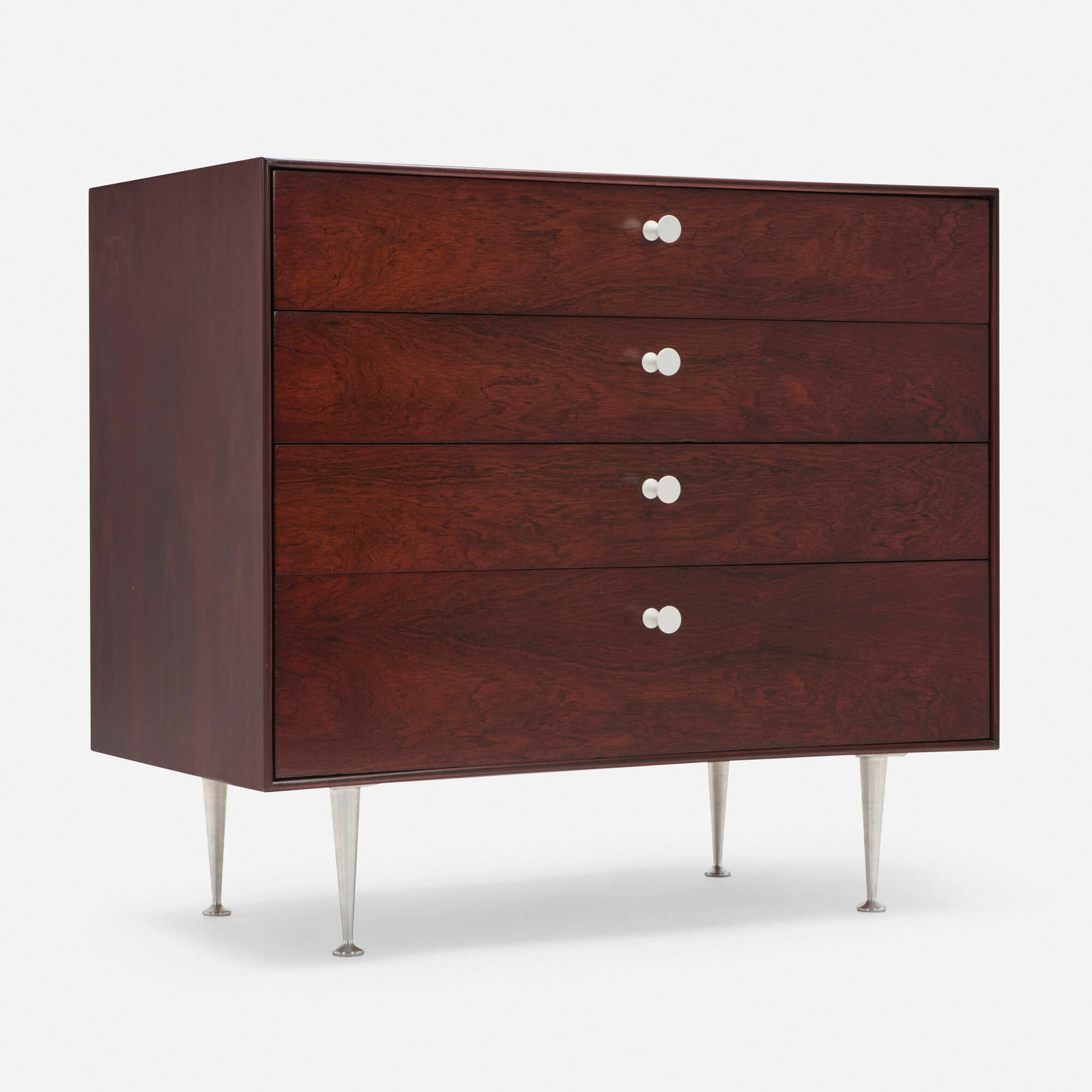 George Nelson & Associates, Thin Edge cabinet, model 5202: George Nelson & Associates Thin Edge cabinet, model 5202 Herman Miller USA, 1952 rosewood, aluminum, enameled steel 30.75 h x 34 w x 20 d in (78 x 86 x 51 cm) Cabinet features four drawers