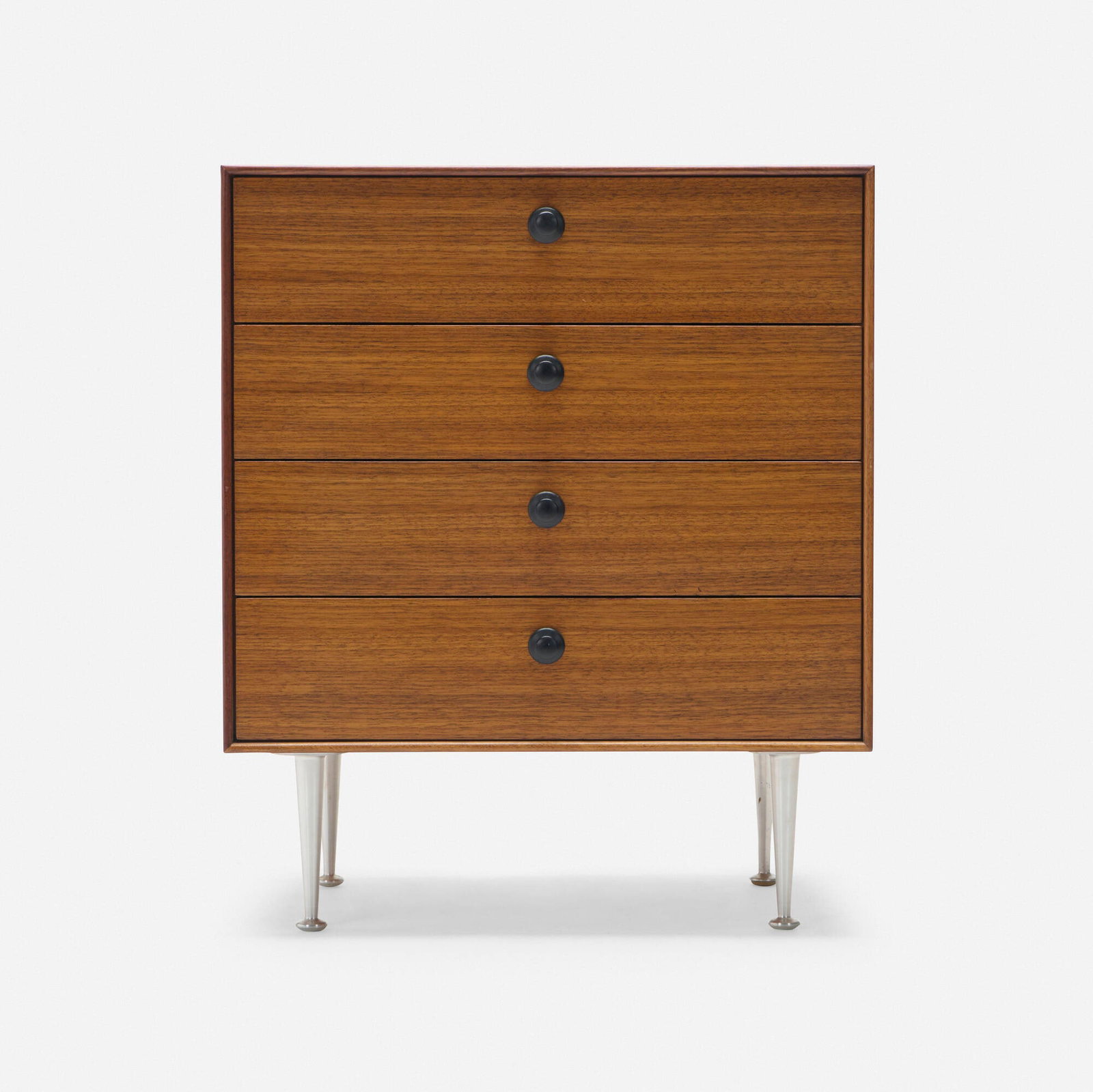 George Nelson & Associates, Thin Edge cabinet, model 4701: George Nelson & Associates Thin Edge cabinet, model 4701 Herman Miller USA, 1955 / c. 1960 walnut, coated steel, aluminum 28.5 h x 24 w x 19.5 d in (72 x 61 x 50 cm) Cabinet features four