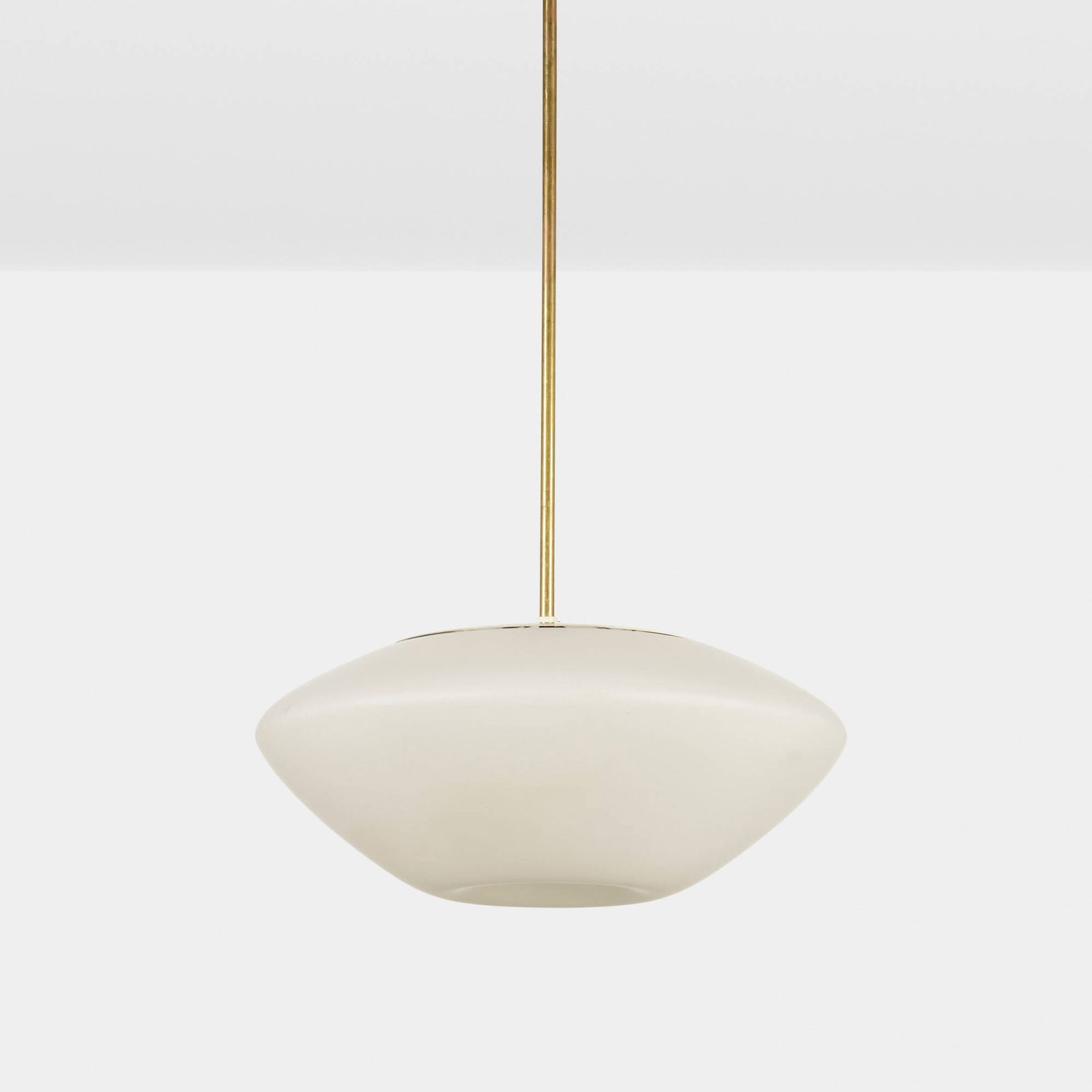 Lisa Johansson-Pape, Pendant lamp: Lisa Johansson-Pape Pendant lamp OrnoFinland, c. 1955brass, frosted glass, enameled brass 66 h x 19.5 dia in (168 x 50 cm) Impressed manufacturer's mark to edge of fixture 'Orno'.