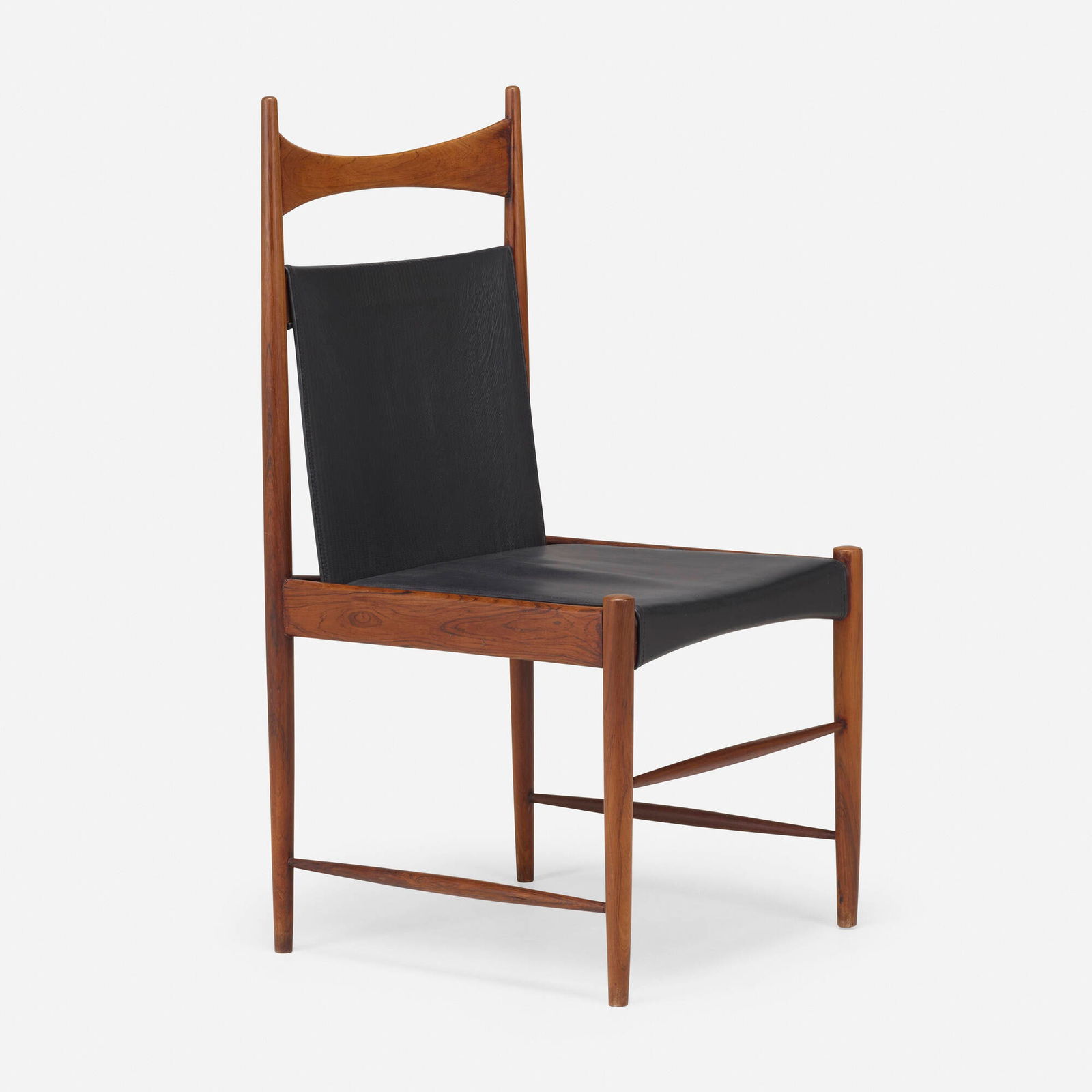 Sergio Rodrigues, High-Backed Cantu chair: Sergio Rodrigues High-Backed Cantu chair OcaBrazil, 1959jacaranda, leather 39.5 h x 19.75 w x 19.75 d in (100 x 50 x 50 cm) Literature: Sergio Rodrigues, Cals, pp