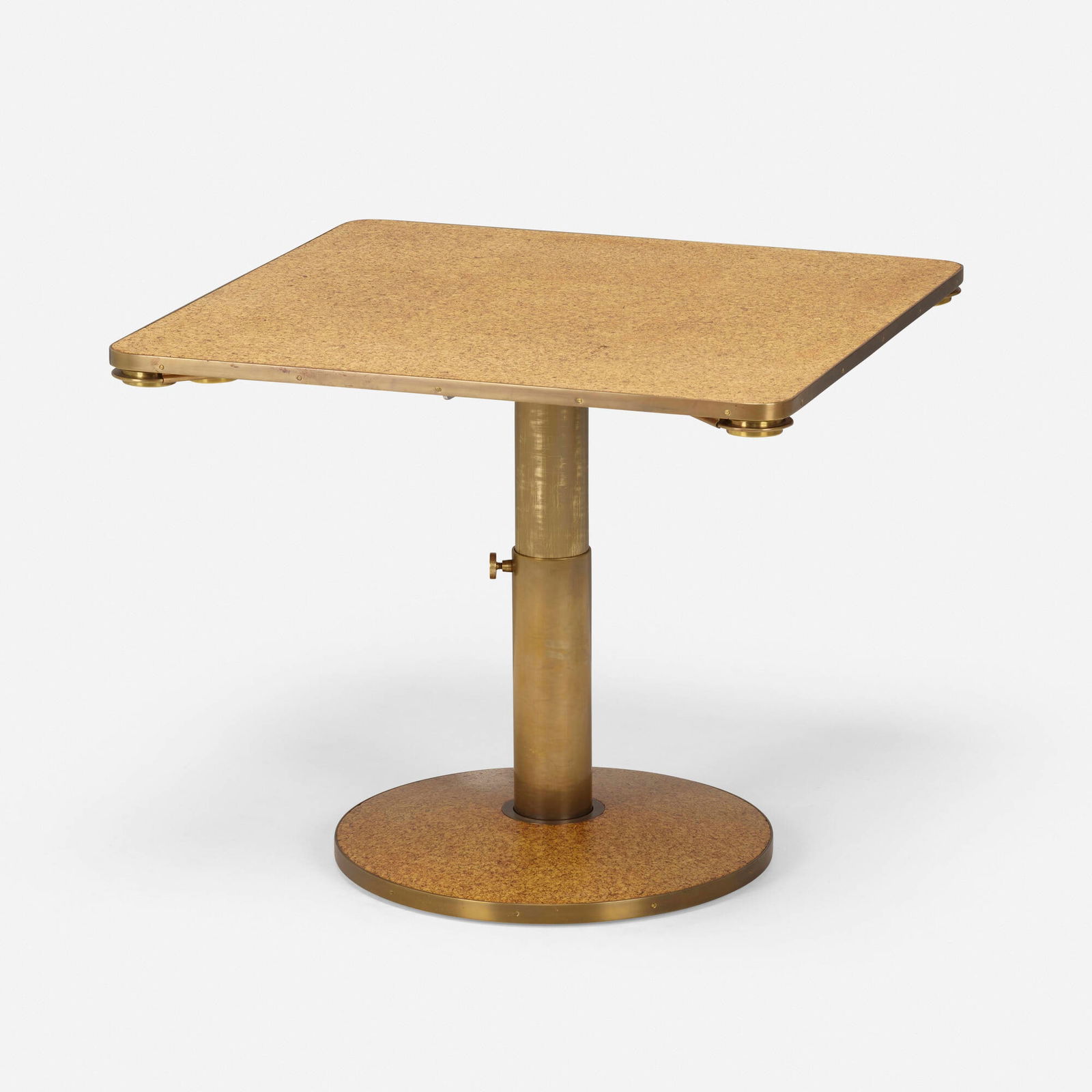 Edward Wormley, Game table: Edward Wormley Game table DunbarUSA, c. 1950lacquered cork, brass 27.25 h x 32 w x 32 d in (69 x 81 x 81 cm) Table features four hidden trays with six removable inserts to corners of tab