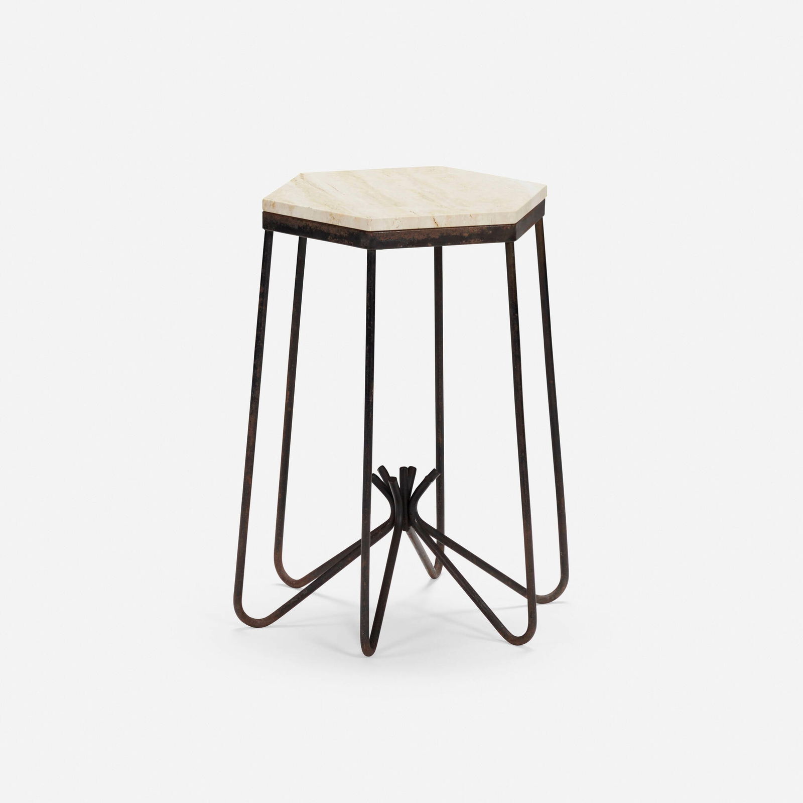 In the manner of Jean Royere, Occasional table: In the manner of Jean Royere Occasional table c. 1955travertine, iron 24.75 h x 20.25 dia in (63 x 51 cm) This work will ship from Los Angeles, California.