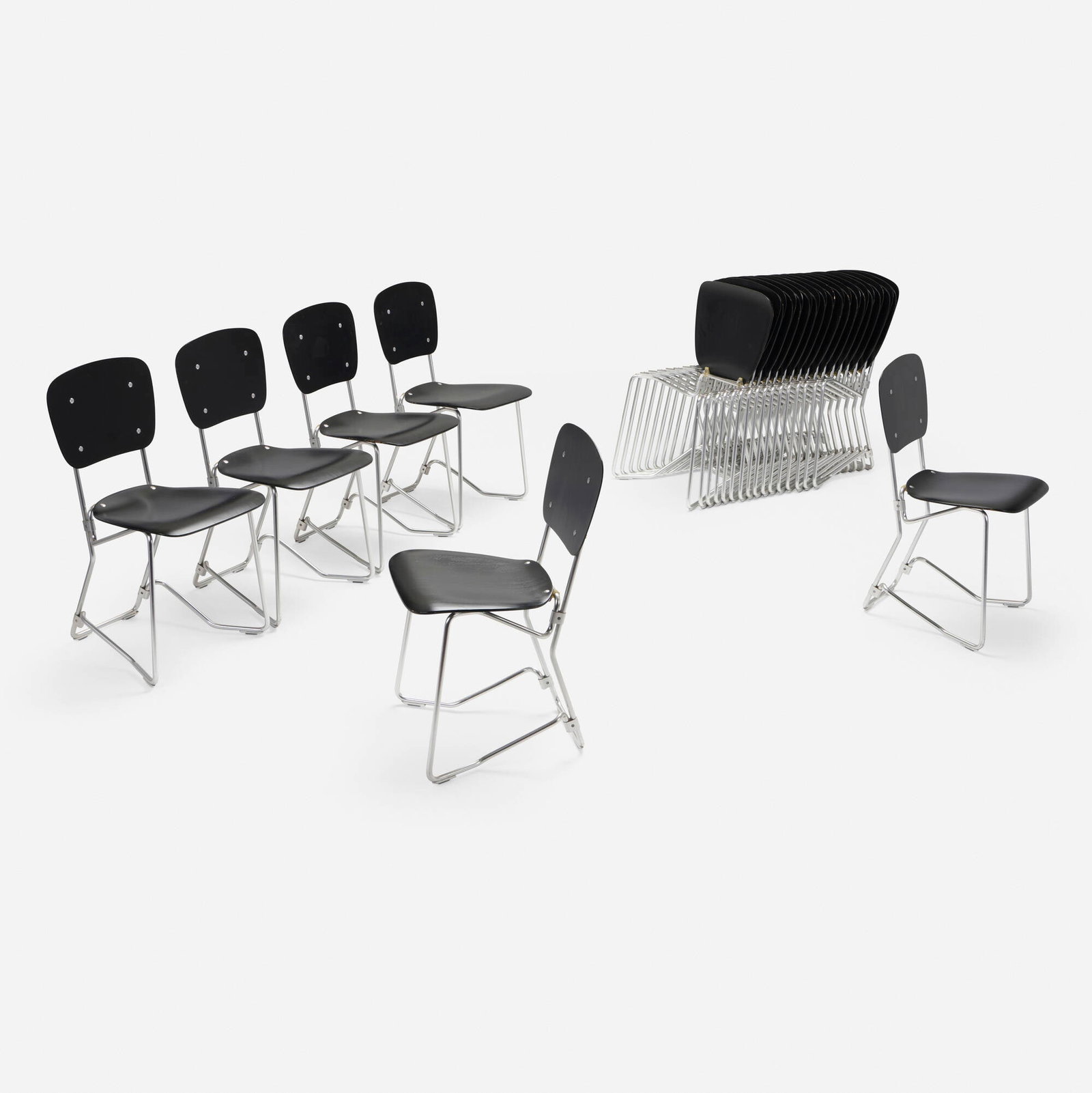 Armin Wirth, Folding chairs, set of twenty-two: Armin Wirth Folding chairs, set of twenty-two AluflexSwitzerland, 1951lacquered birch plywood, aluminum 32.75 h x 19.5 w x 18 d in (83 x 50 x 46 cm) Chairs feature flip-up seats allowing