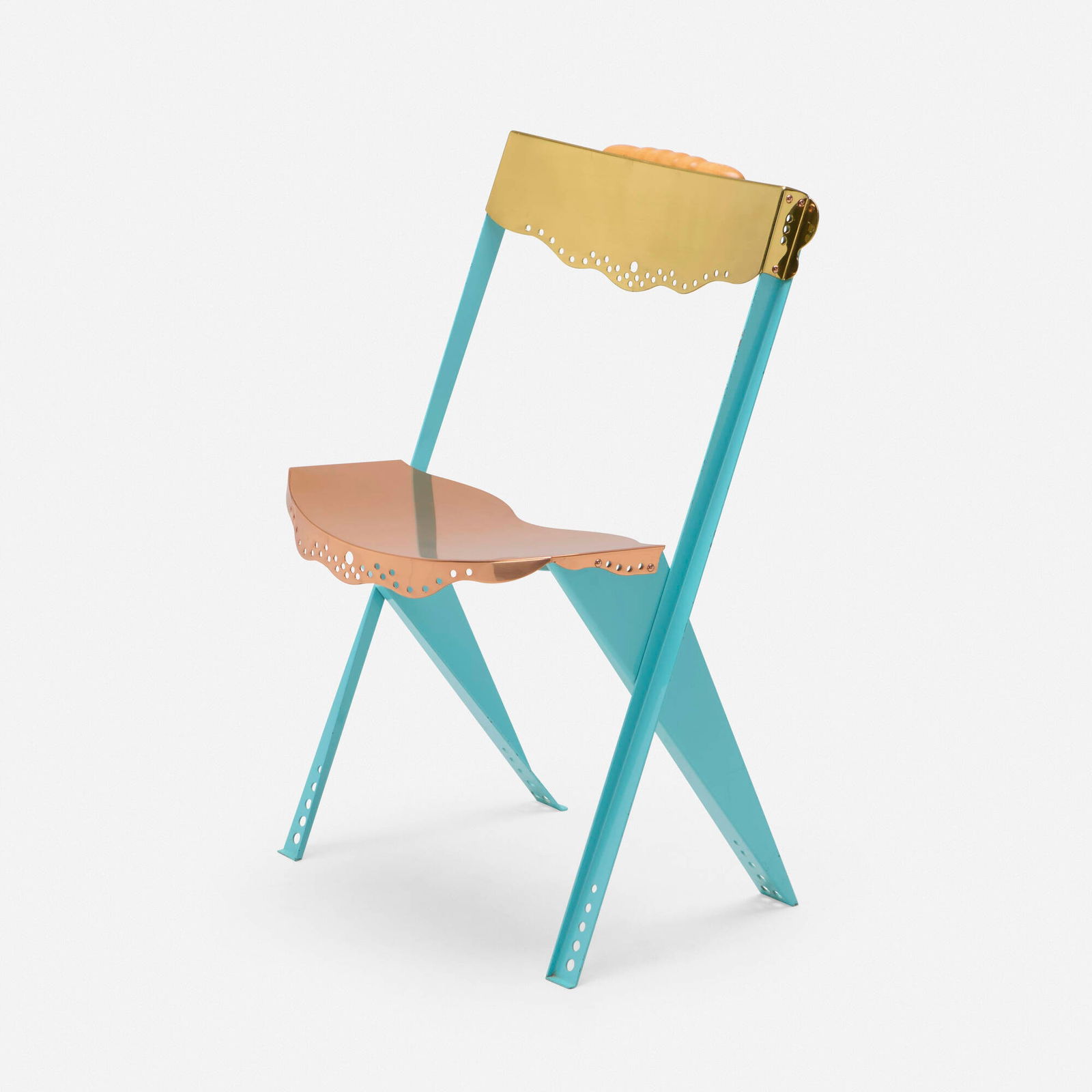 Borek Sipek, Anebotak chair: Borek Sipek Anebotak chair DriadeCzech Republic / Italy, 1990enameled steel, copper, brass, maple 32.25 h x 20.75 w x 19 d in (82 x 53 x 48 cm) Decal manufacturer's label to underside 'd