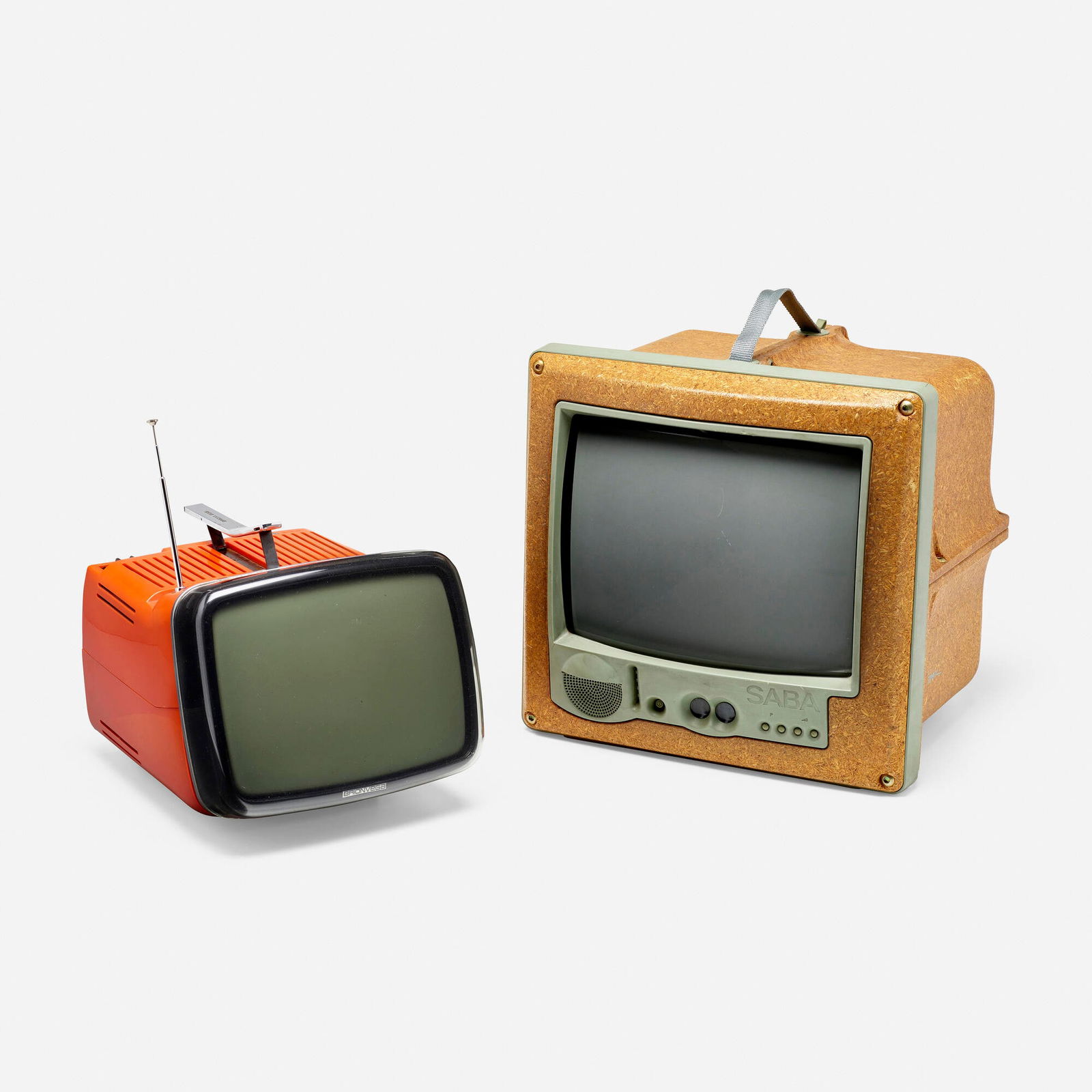 Marco Zanuso, Richard Sapper and Philippe Starck, Televisions, set of two: Marco Zanuso, Richard Sapper and Philippe Starck Televisions, set of two Brionvega/SABAItaly/Germany 1964, 1994high density foam, glass, plastic, aluminum 14.74 h x 15.5 w x 15 d in (37 x 39 x