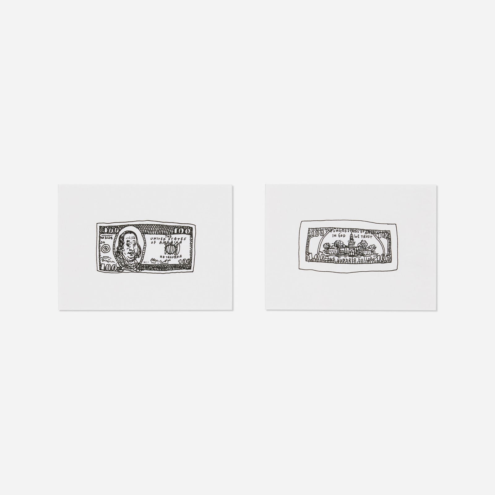Jason Polan, Untitled (Dollar Bill) (two works): Jason Polan Untitled (Dollar Bill) (two works) ink on paper image: 1.375 h x 2.5 w in (3 x 6 cm) sheet: 11 h x 8.5 w in (28 x 22 cm) Signed to verso of each work 'Jason'. This