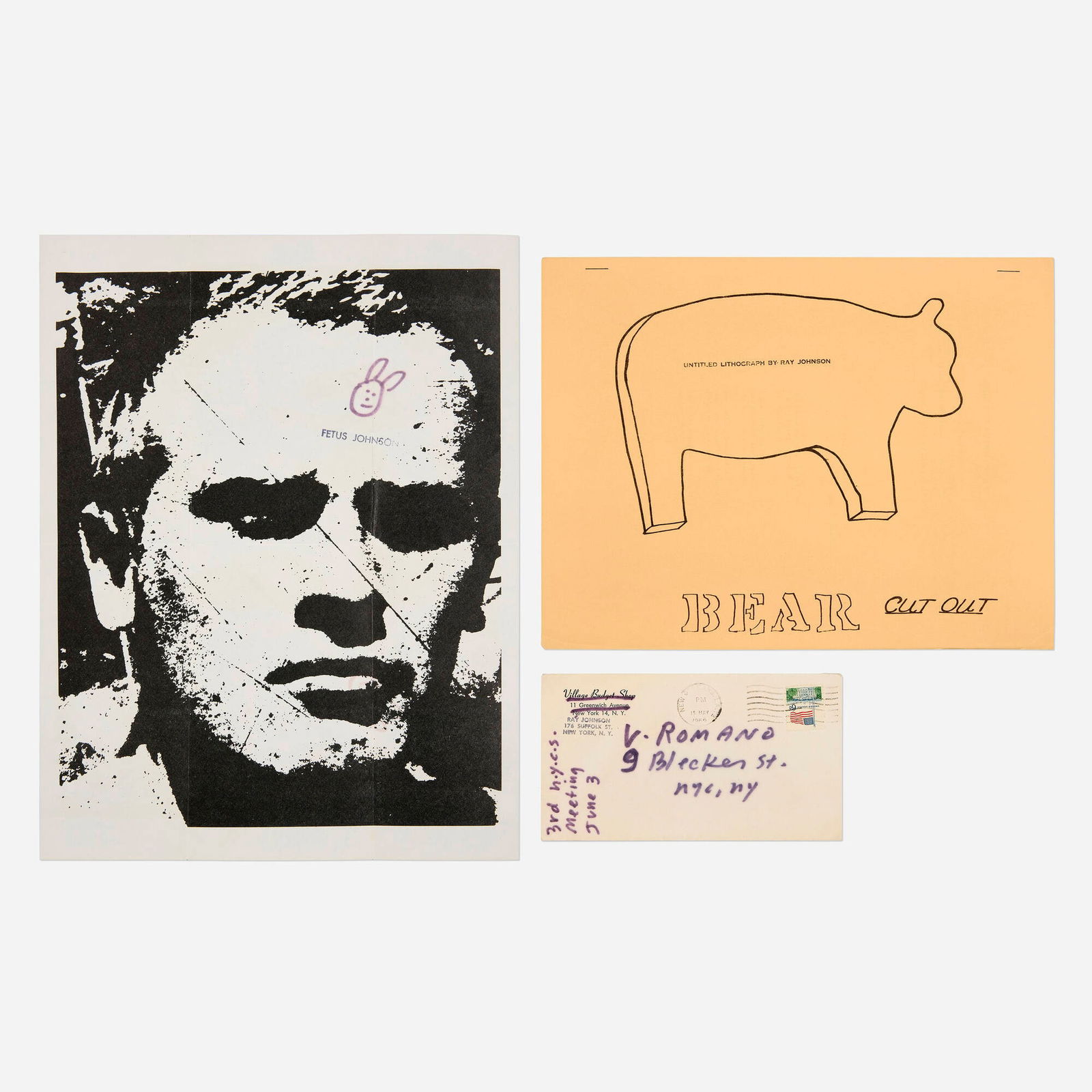 Ray Johnson, Untitled (three works): Ray Johnson Untitled (three works) c. 1968ink on printed paper 8.5 h x 11 w in (22 x 28 cm) 3.625 h x 6.375 w in (9 x 16 cm) Lot includes mailer, envelope, and lithograph. Stamped signature
