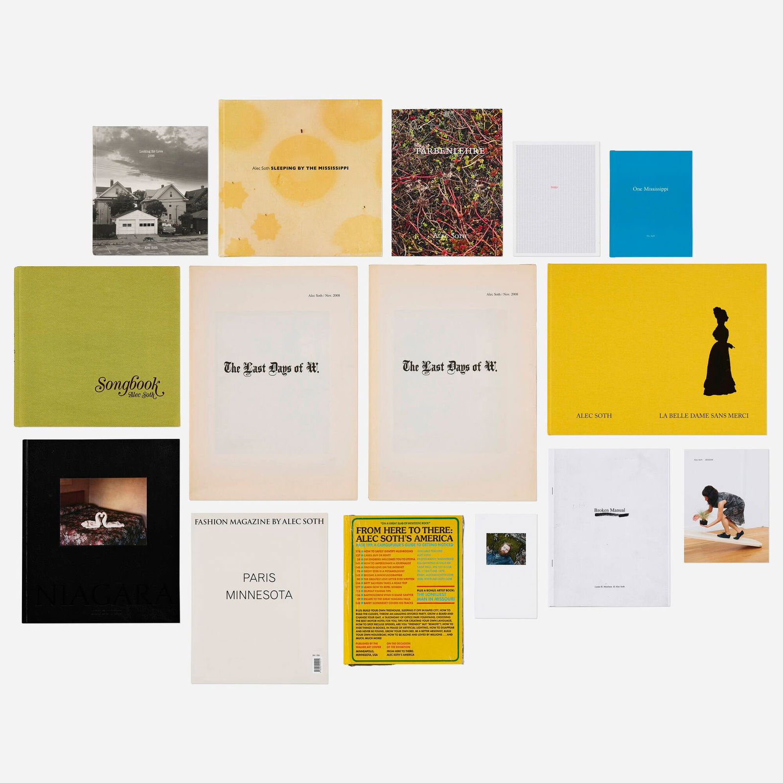 Alec Soth monographs, fourteen: Alec Soth monographs, fourteen 2004-2016printed paper, bound printed paper largest: 15 h x 12 w x 1 d in (38 x 30 x 3 cm) smallest: 11 h x 10 w x .25 d in (28 x 25 x 1 cm) Complete Lot Details