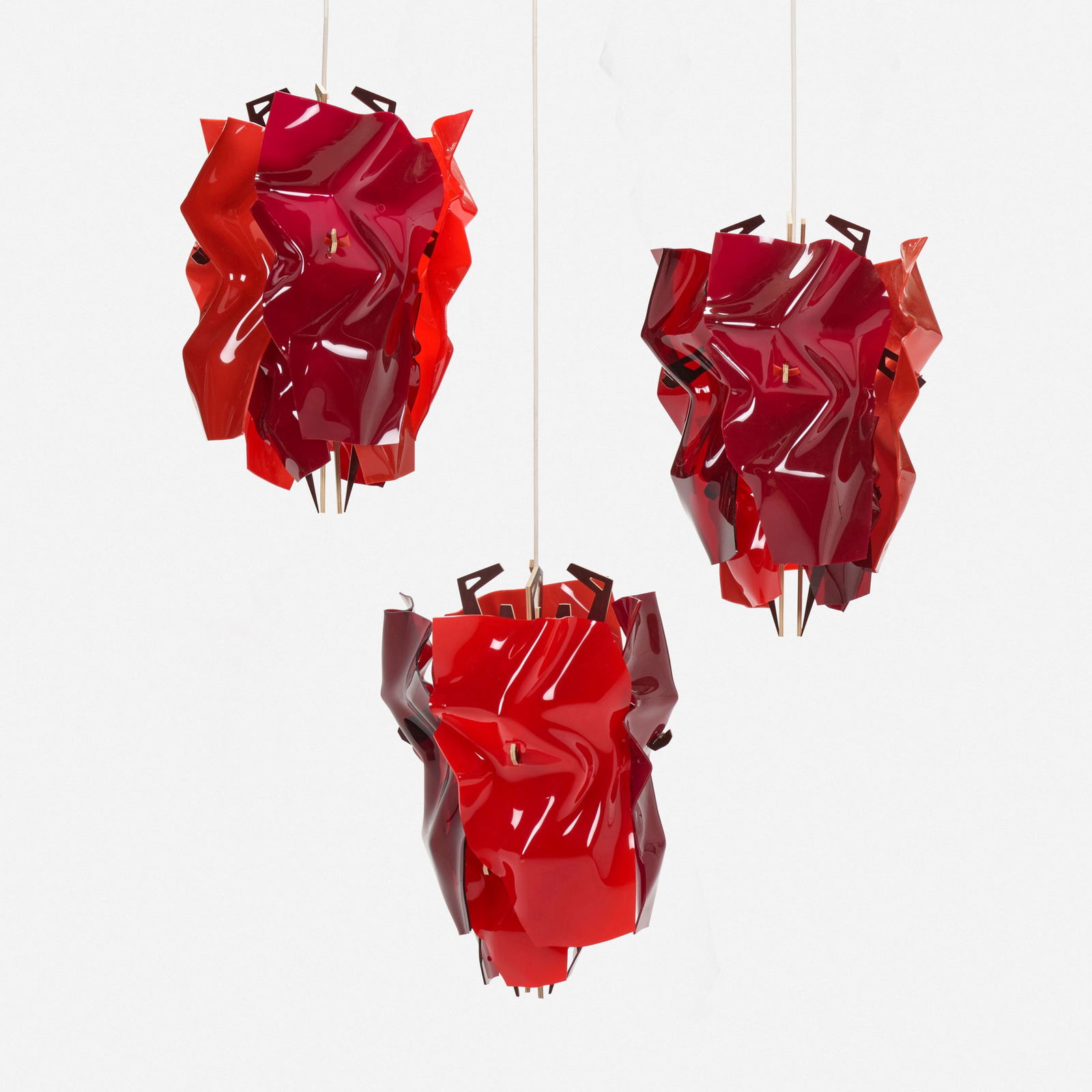 Jorge Pardo, Pendant lamps, set of three: Jorge Pardo Pendant lamps, set of three Cuba/USA, 2004molded plastic, laminated plywood 23 h x 14 dia in (58 x 36 cm) This work will ship from Los Angeles, California.