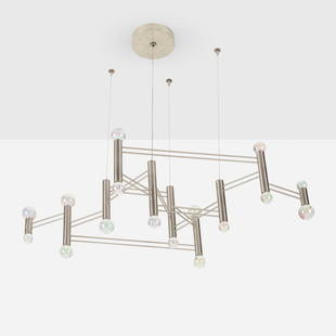 Bec Brittain and John Hogan, BB x JH Gaze chandelier: Bec Brittain and John Hogan BB x JH Gaze chandelier USA, 2018nickel-plated aluminum, borosilicate glass 15 h x 54 w x 23 d in (38 x 137 x 58 cm) Incised manufacturer's mark to top of one socke